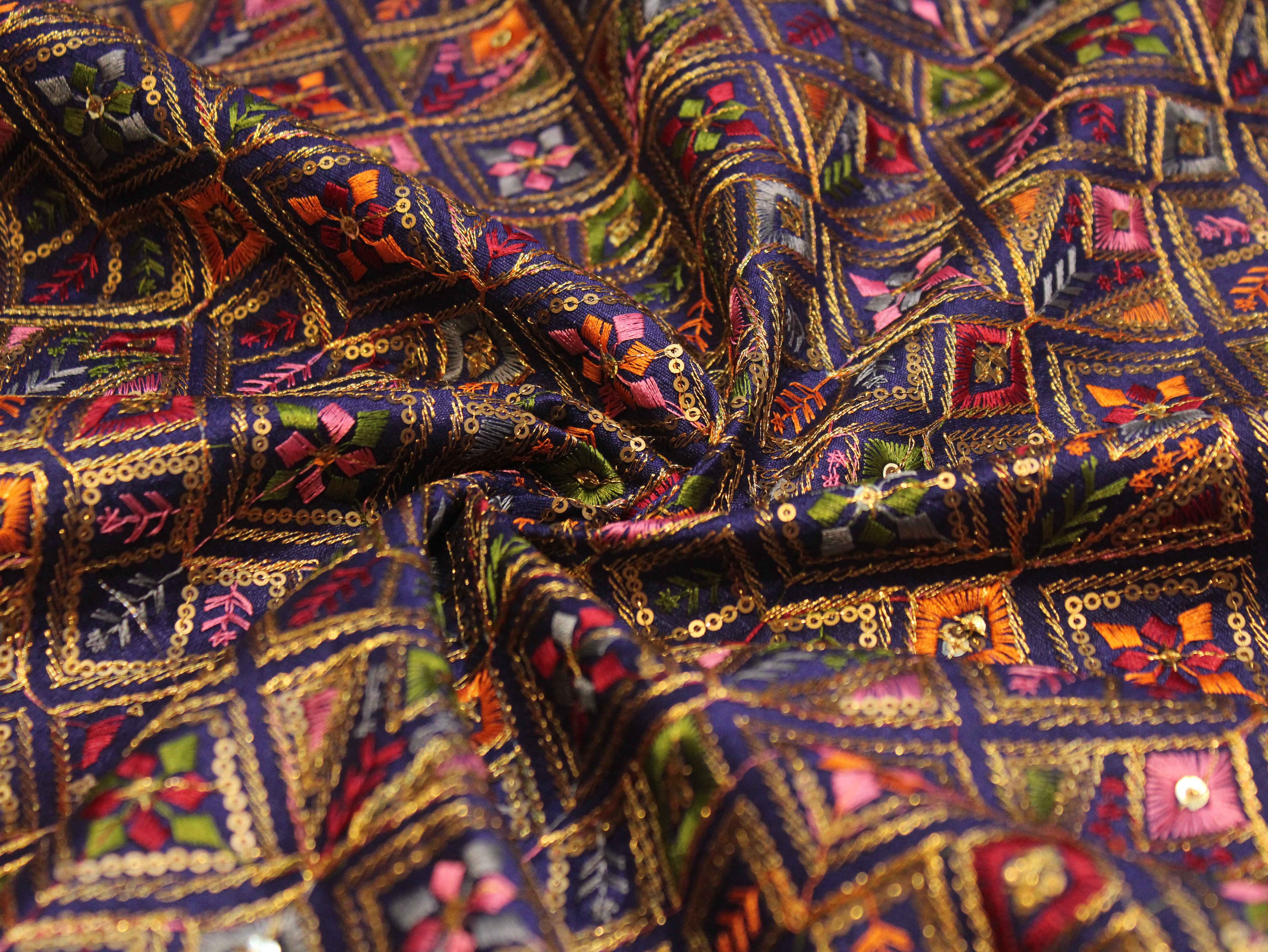 Dupion Silk Multi-Colour Thread Work Fabric - Navy Blue