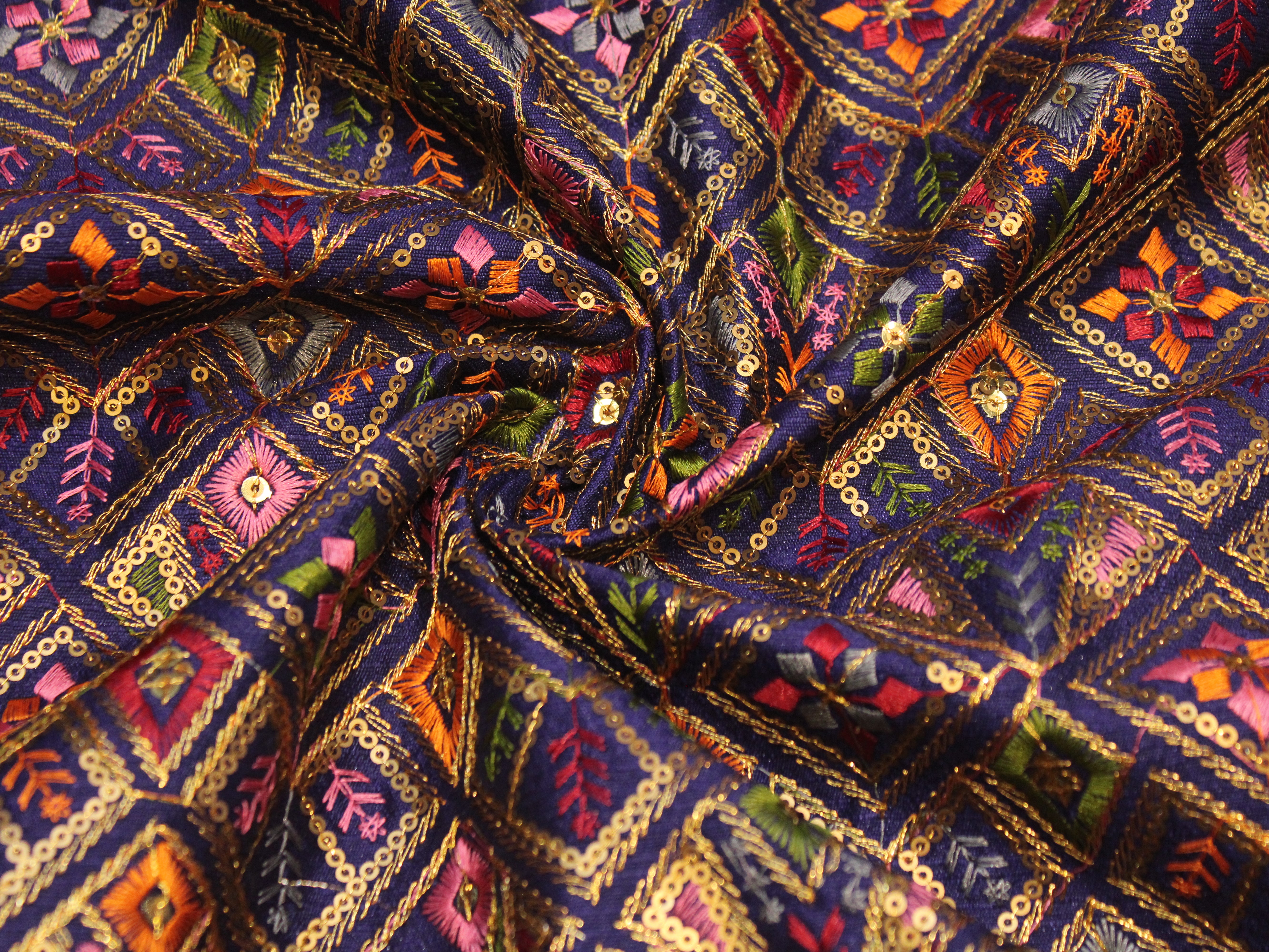 Dupion Silk Multi-Colour Thread Work Fabric - Navy Blue