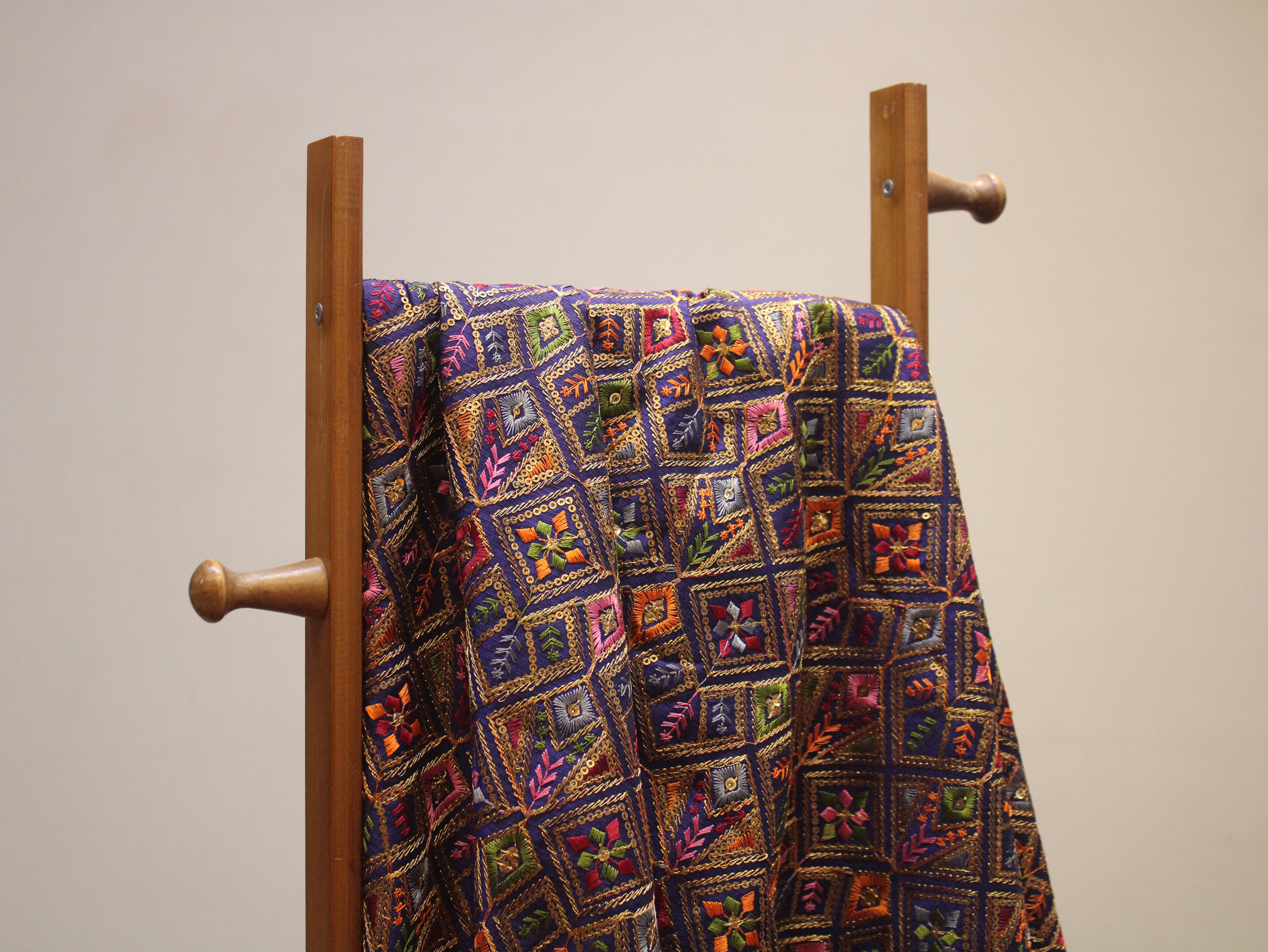 Dupion Silk Multi-Colour Thread Work Fabric - Navy Blue