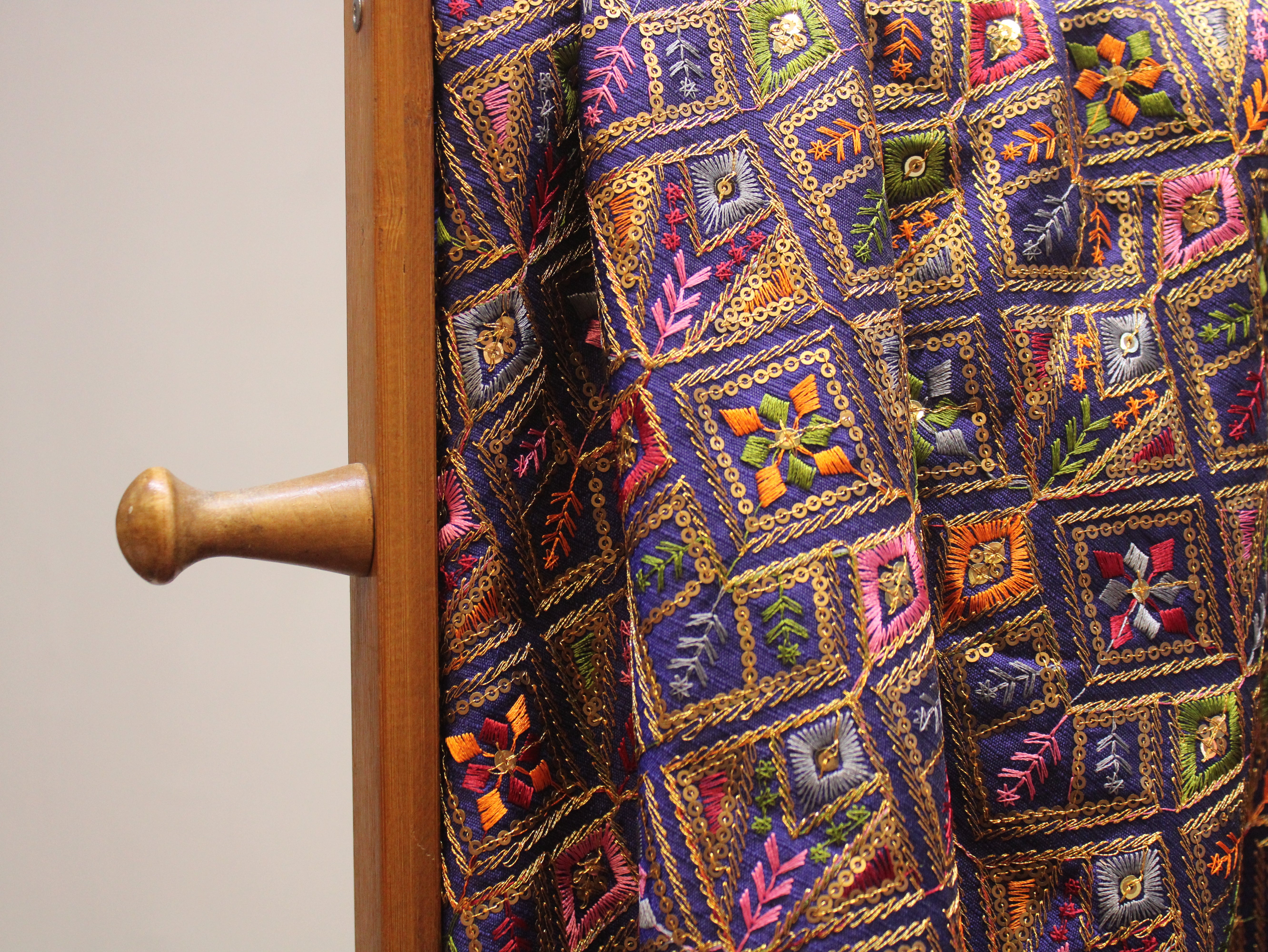 Dupion Silk Multi-Colour Thread Work Fabric - Navy Blue