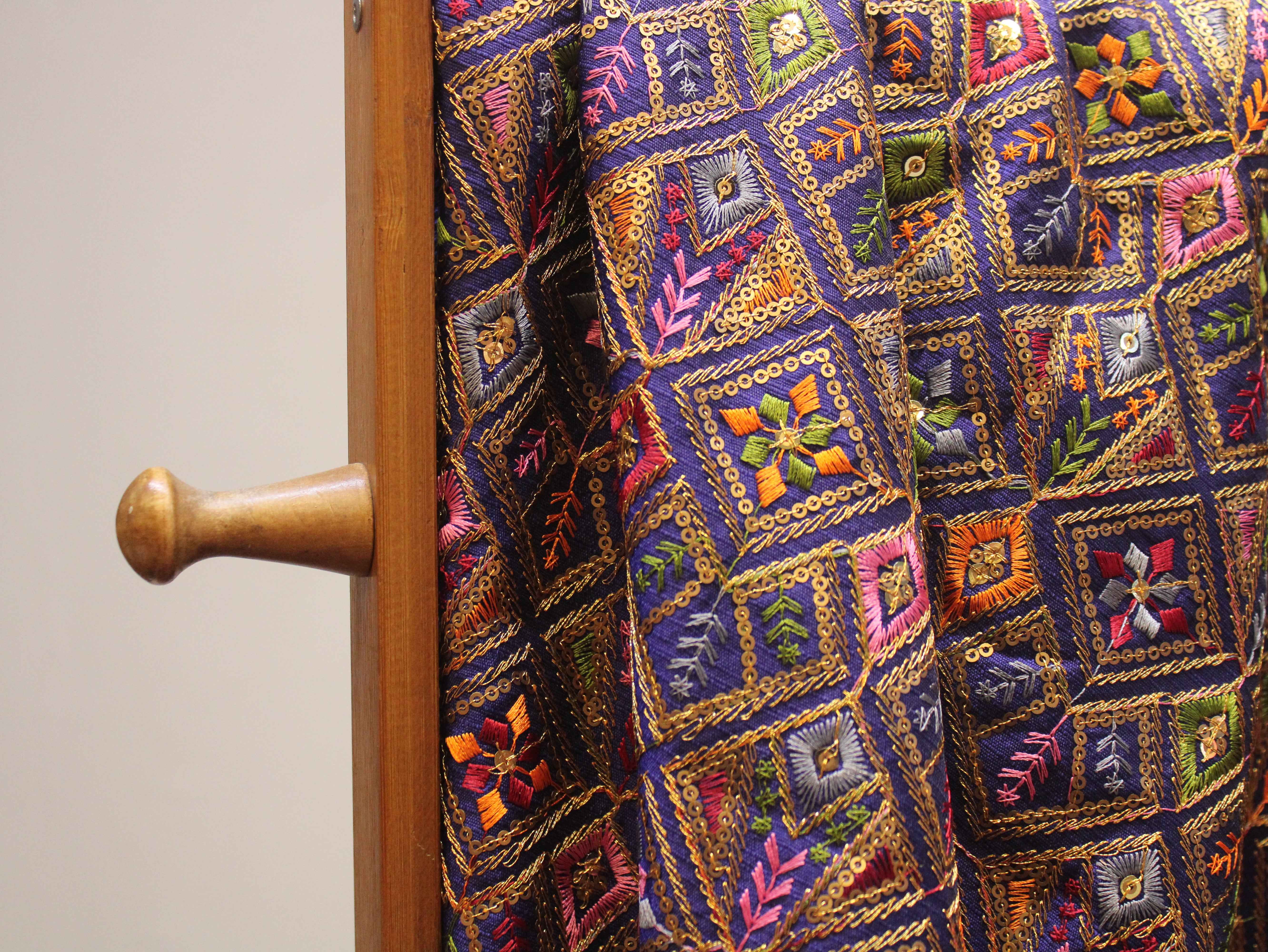 Dupion Silk Multi-Colour Thread Work Fabric - Navy Blue