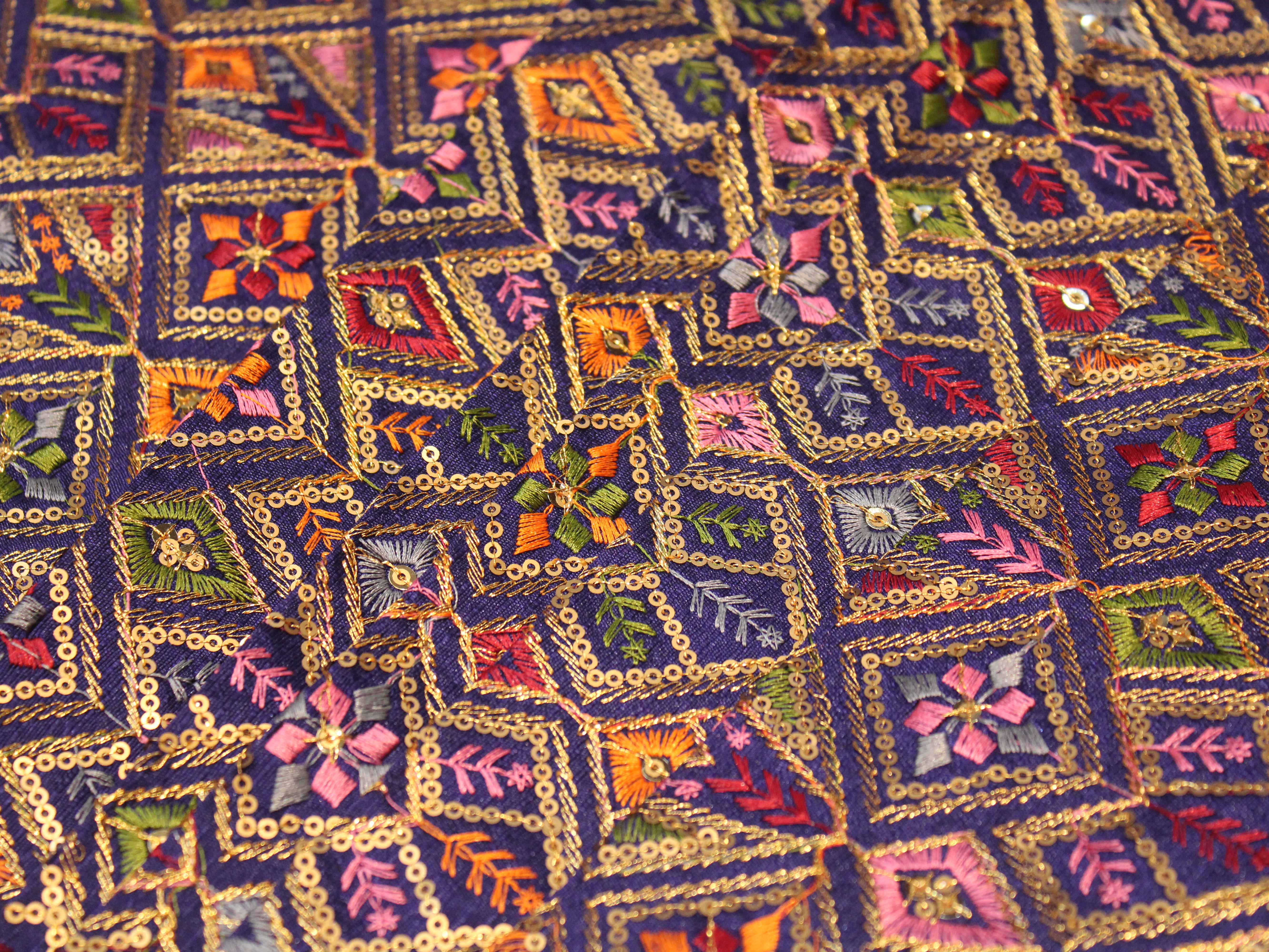 Dupion Silk Multi-Colour Thread Work Fabric - Navy Blue