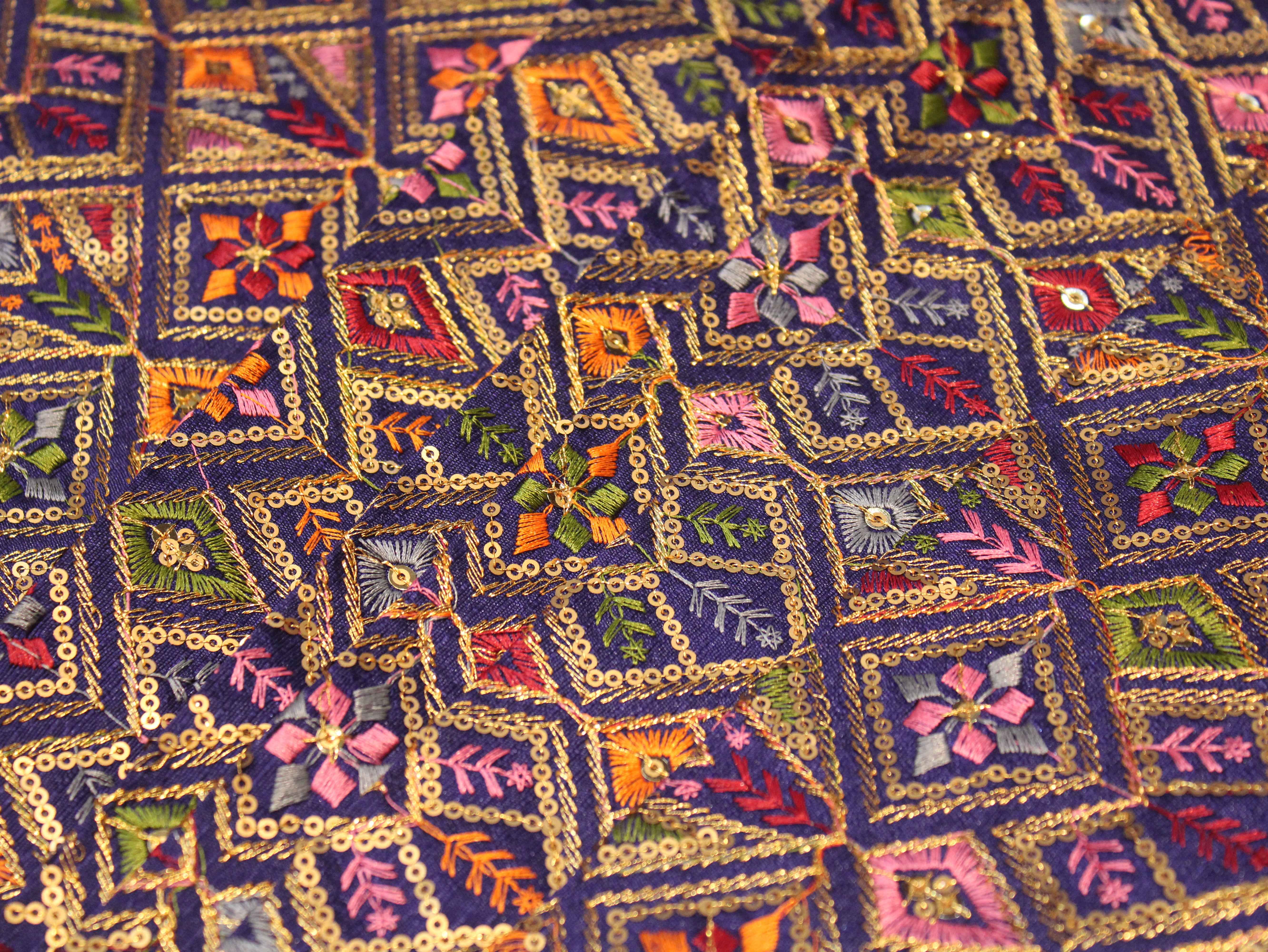 Dupion Silk Multi-Colour Thread Work Fabric - Navy Blue