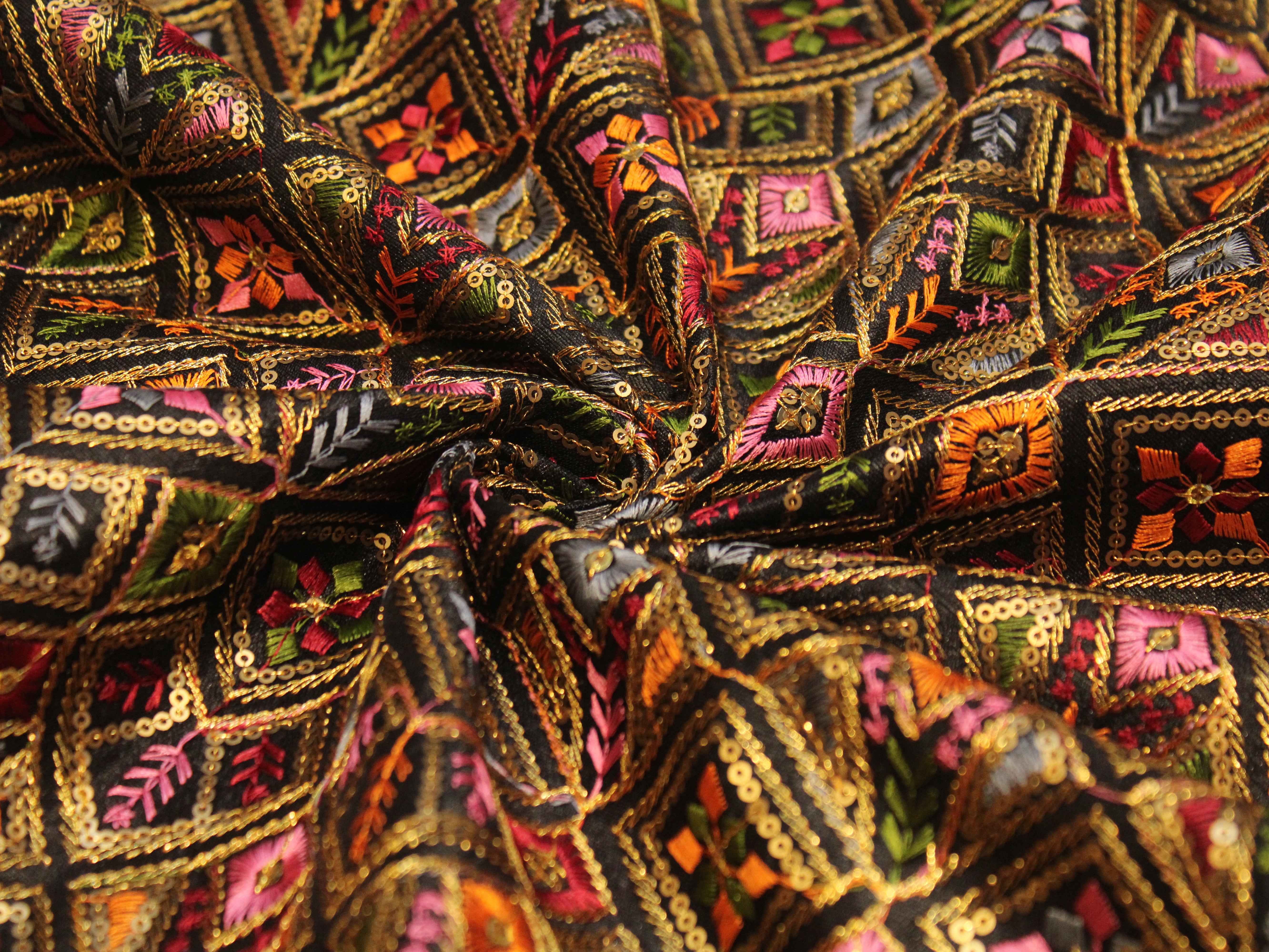 Dupion Silk Multi-Colour Thread Work Fabric - Black