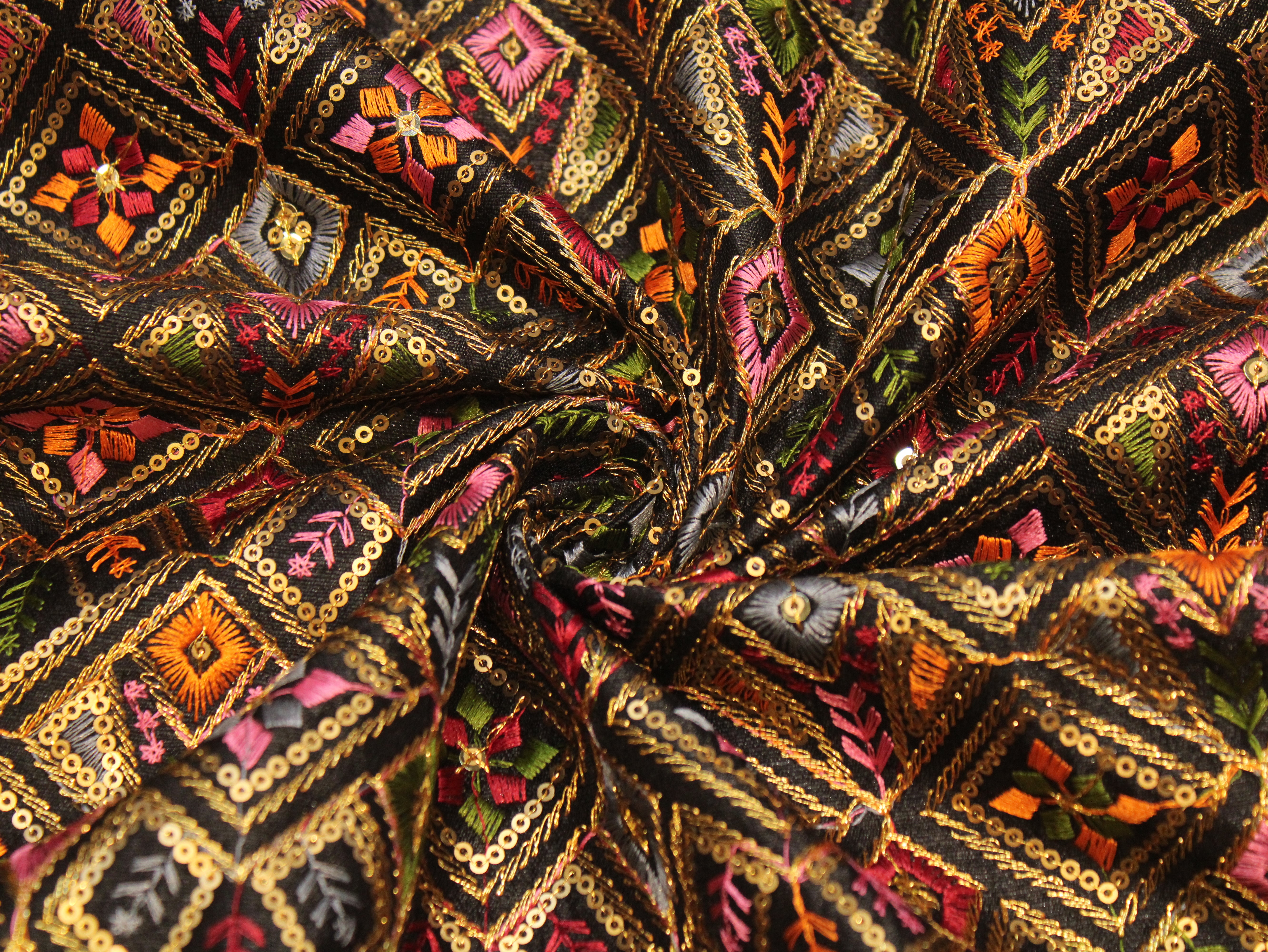 Dupion Silk Multi-Colour Thread Work Fabric - Black