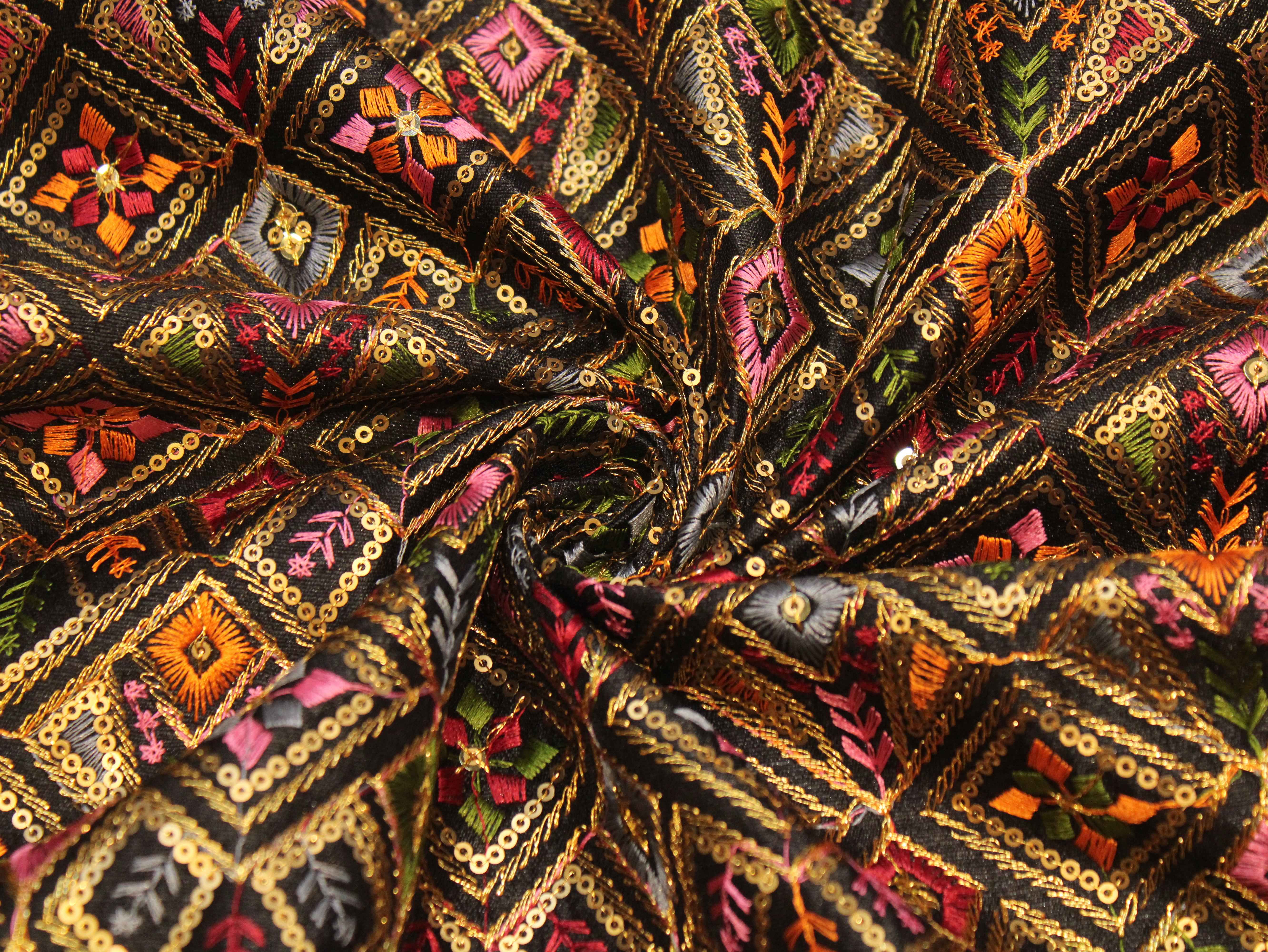 Dupion Silk Multi-Colour Thread Work Fabric - Black