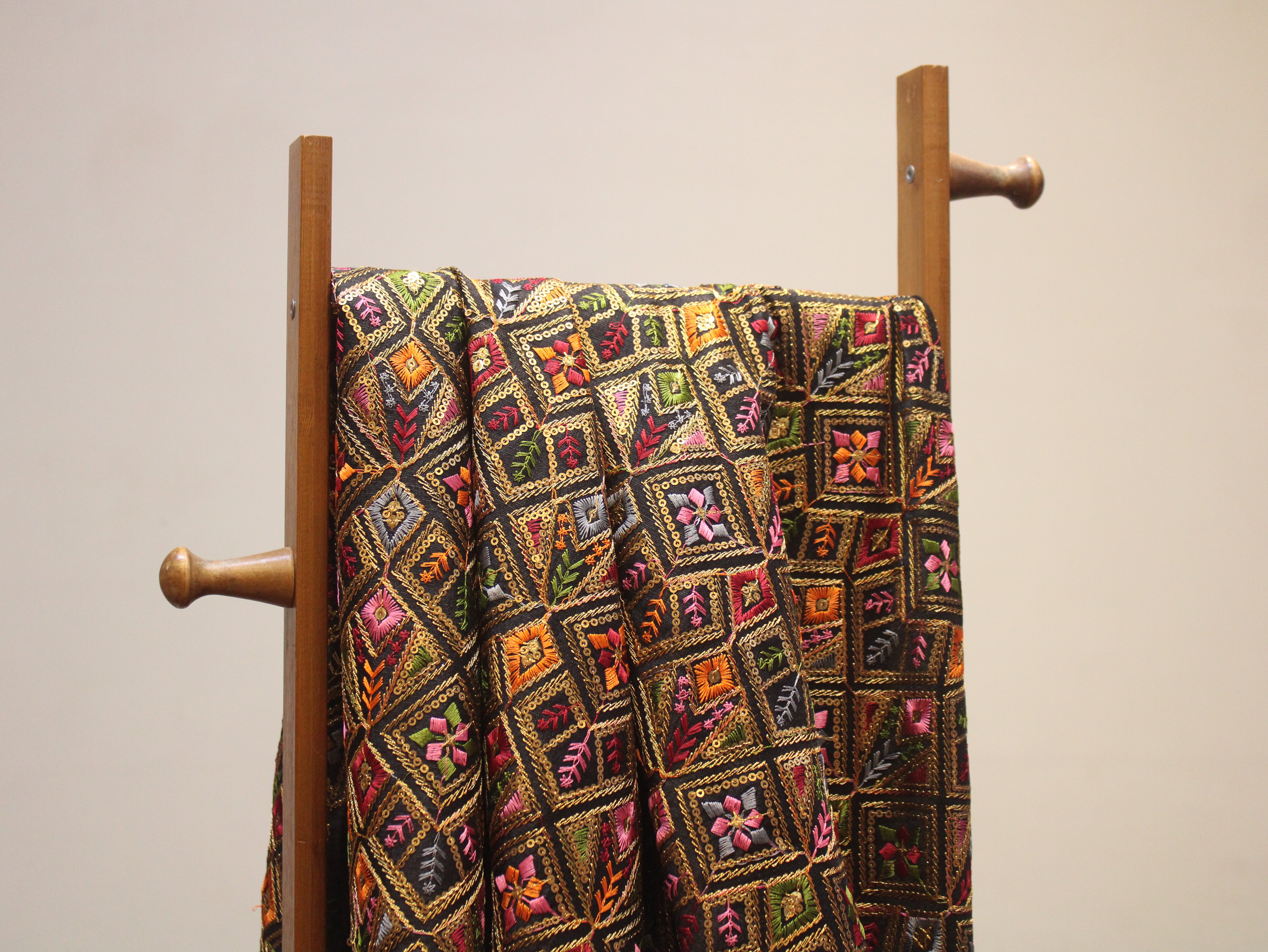 Dupion Silk Multi-Colour Thread Work Fabric - Black