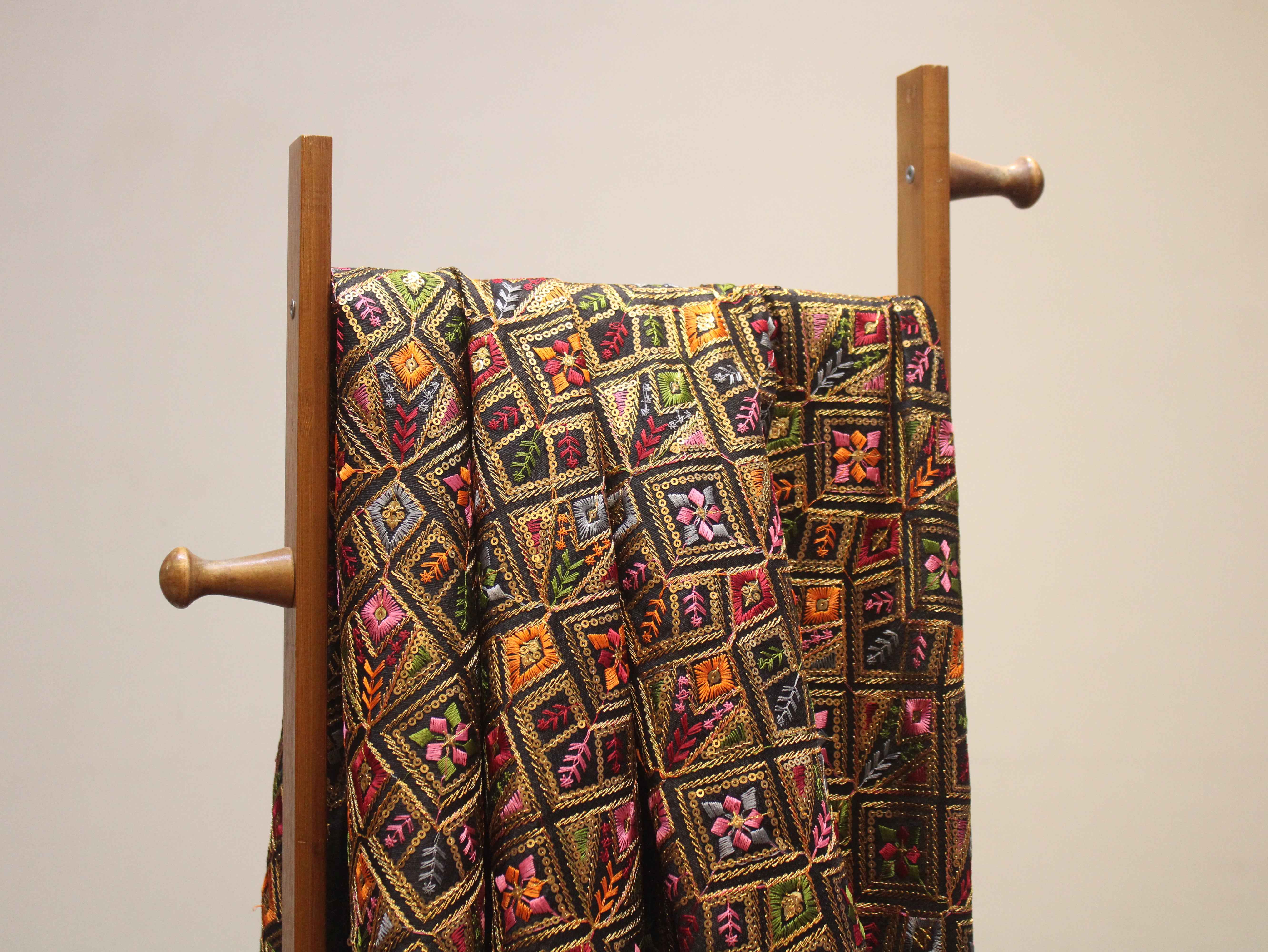 Dupion Silk Multi-Colour Thread Work Fabric - Black