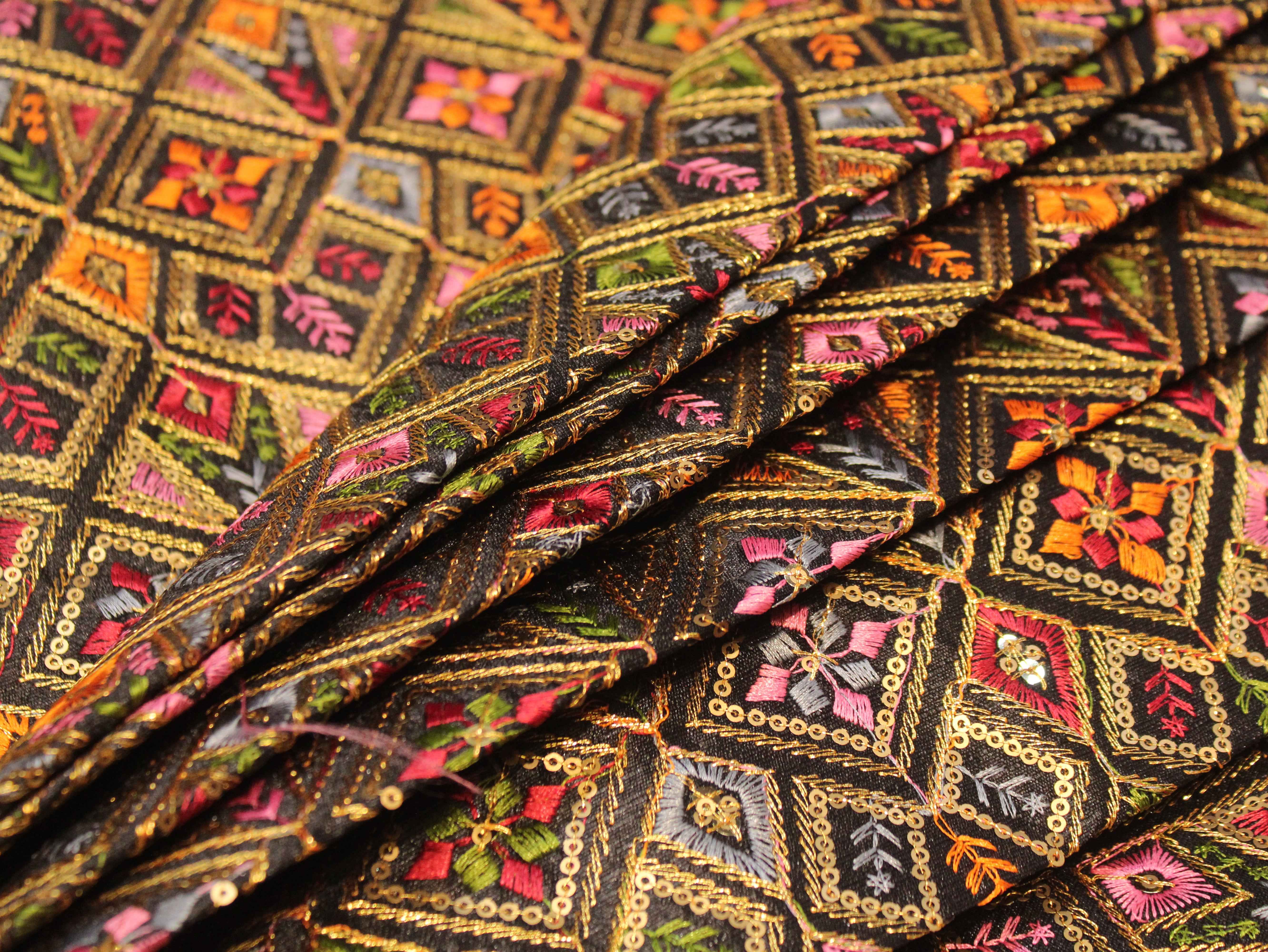 Dupion Silk Multi-Colour Thread Work Fabric - Black