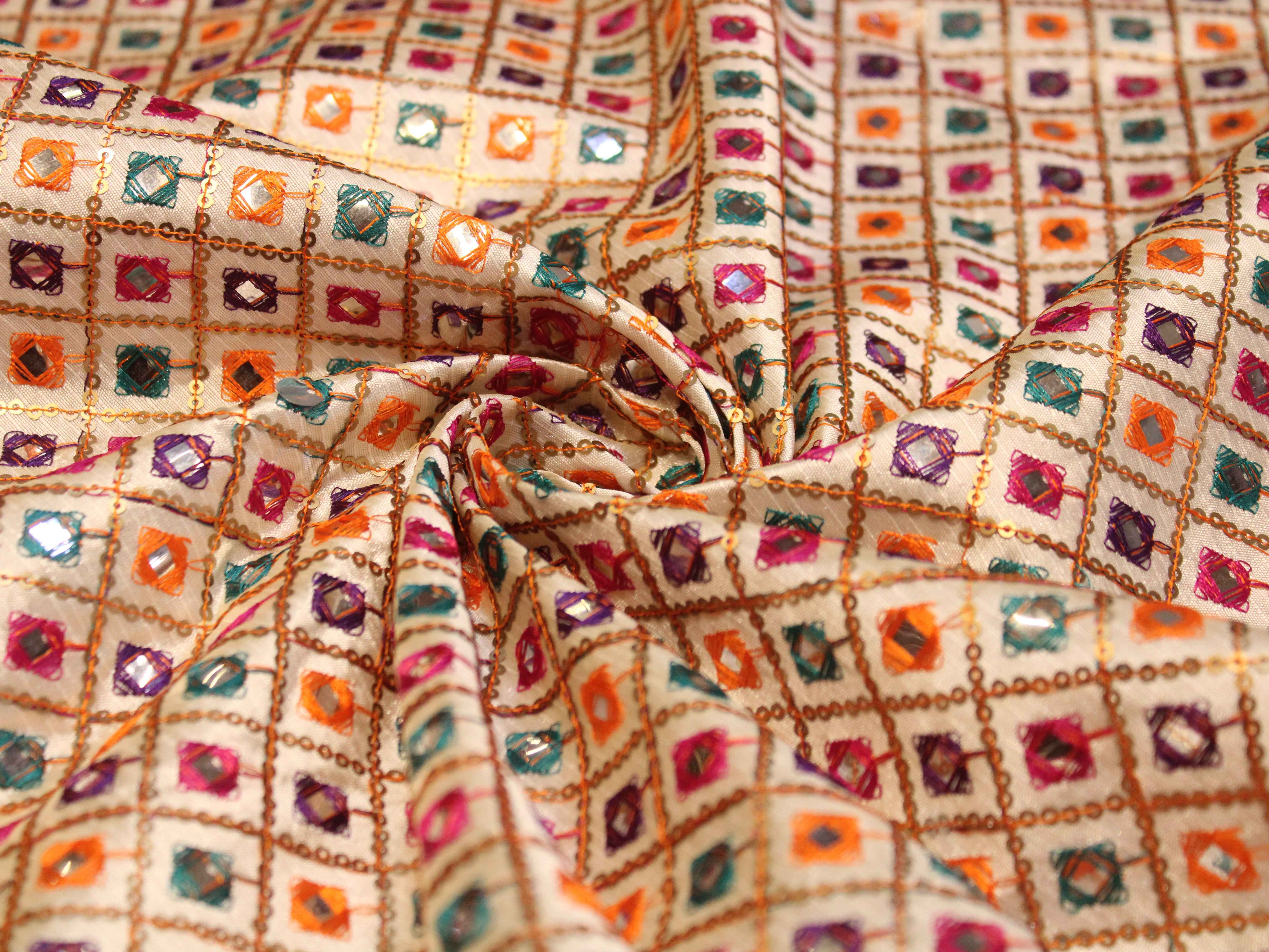 Dupion Silk Multi-Colour Thread Work Fabric