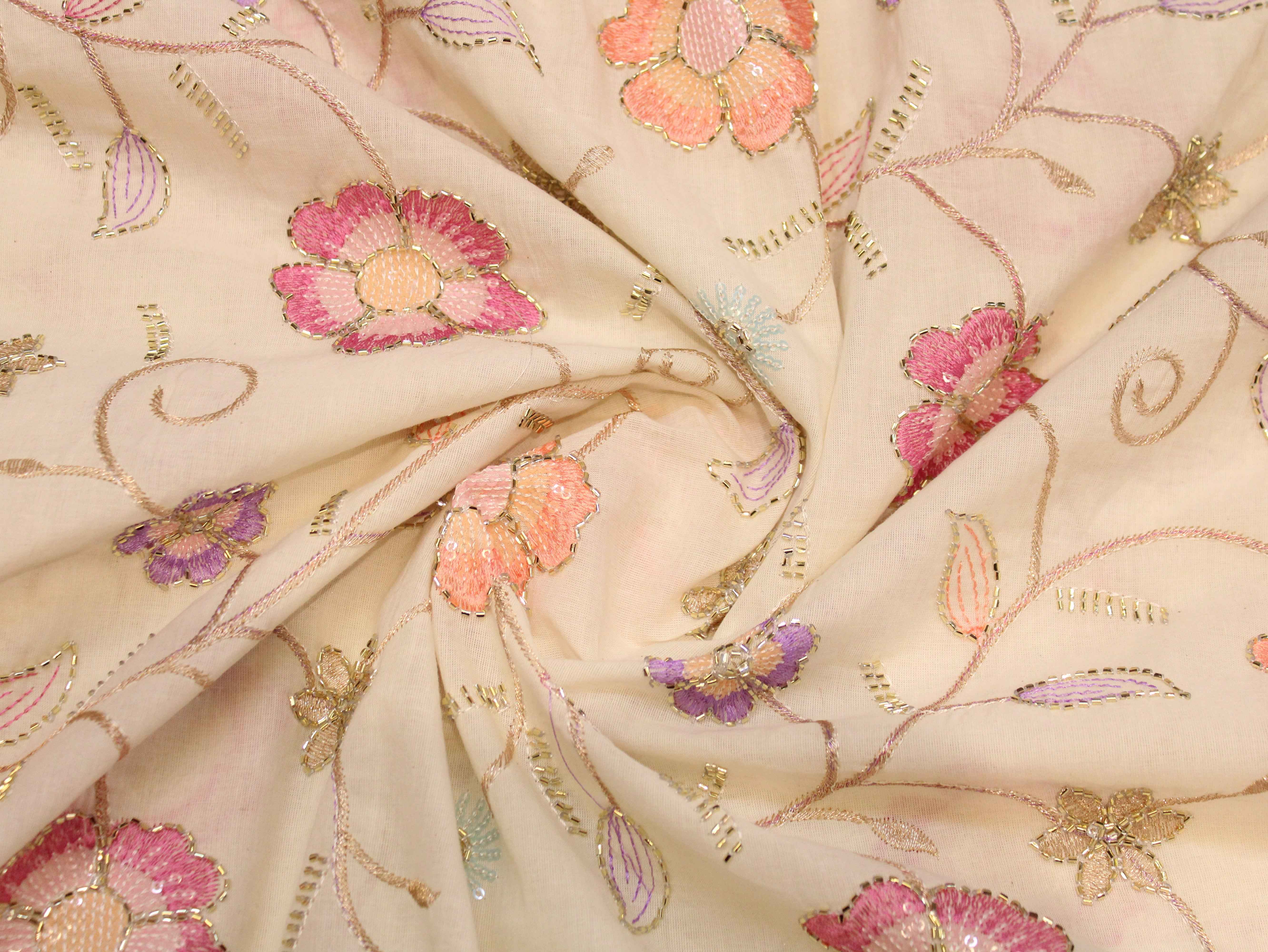Cora Cotton Floral Thread Work Fabric