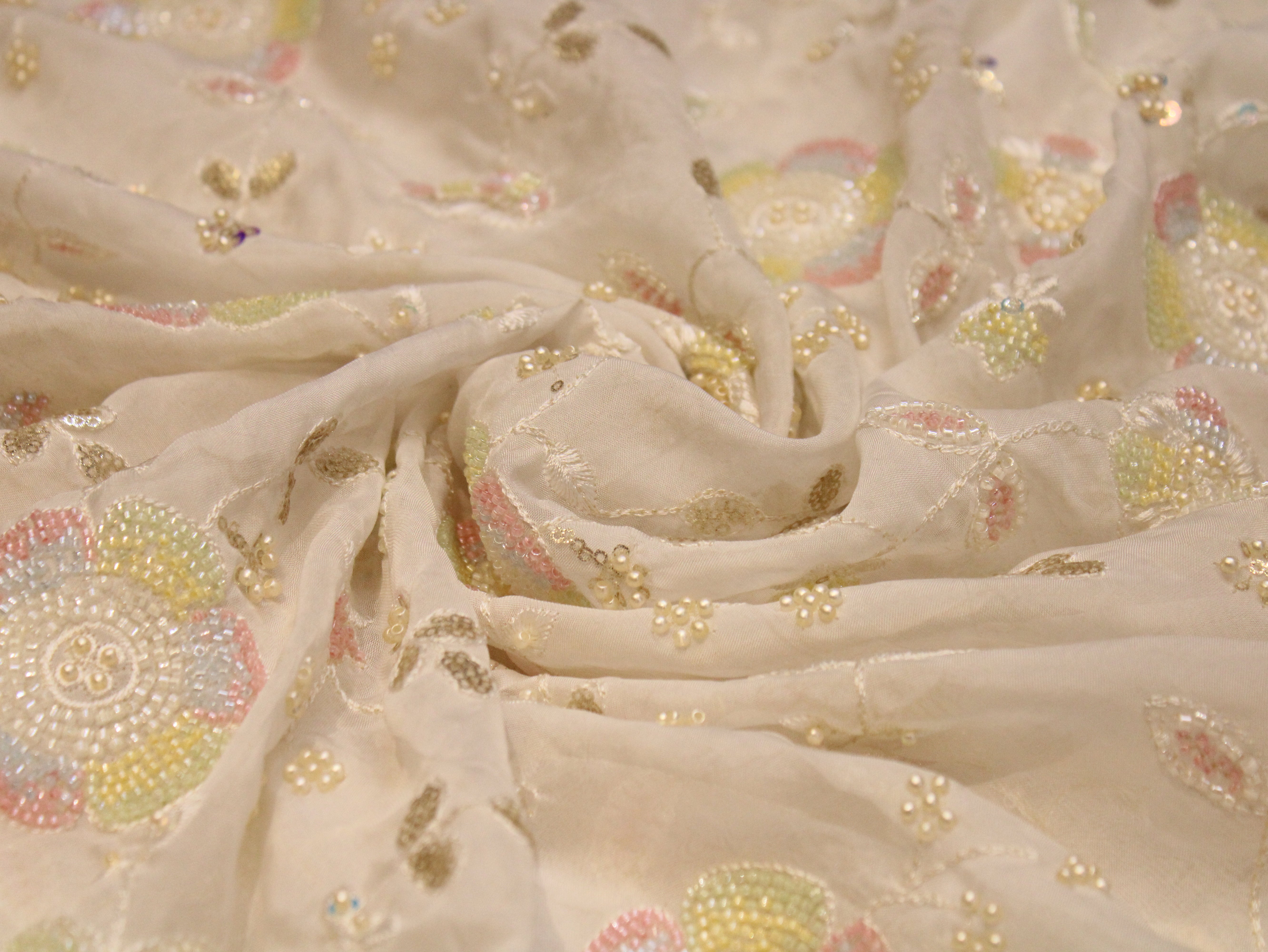 Premium Dyeable Organza Fabric with Pastel Floral Pearl Work