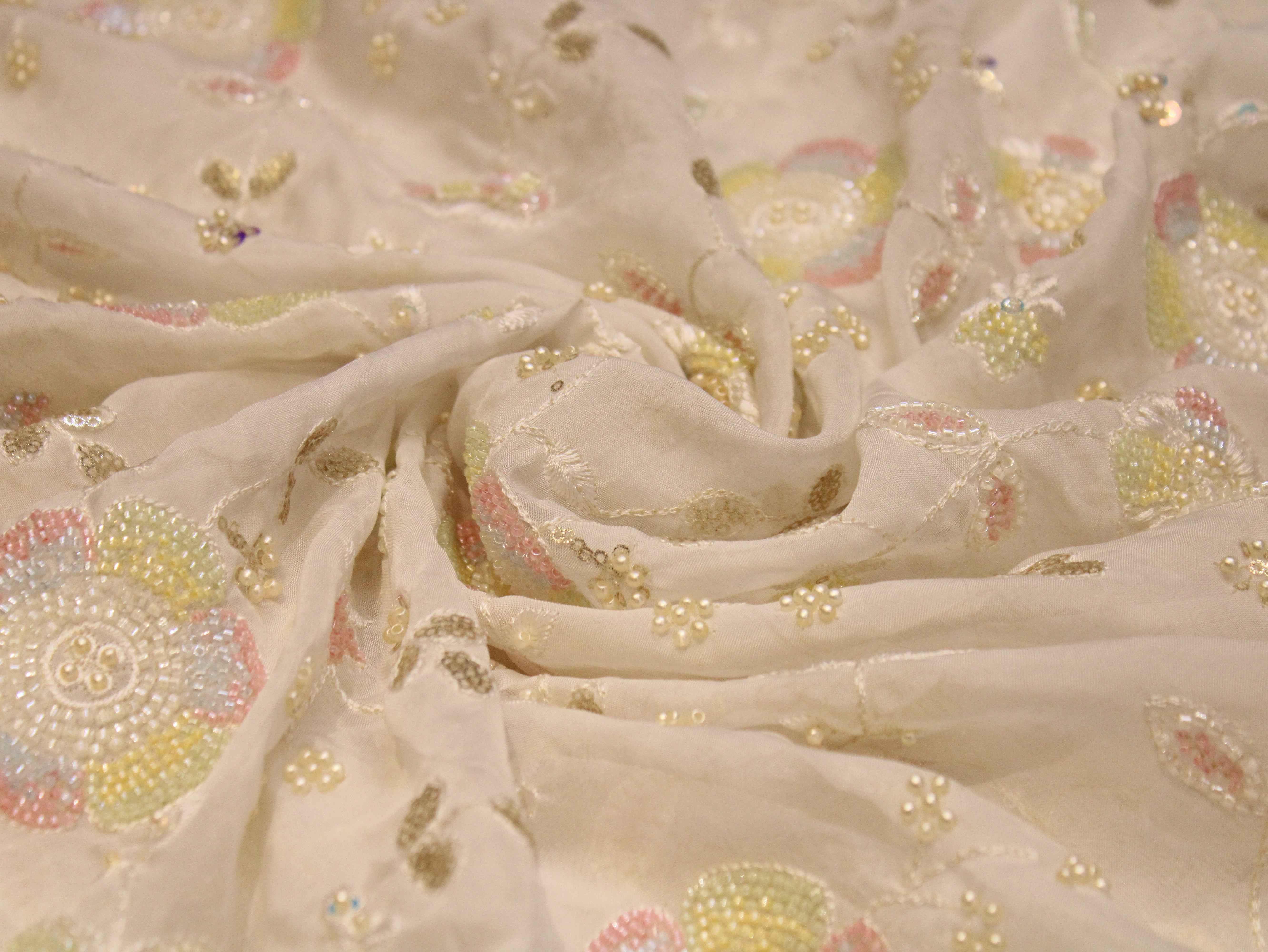 Premium Dyeable Organza Fabric with Pastel Floral Pearl Work
