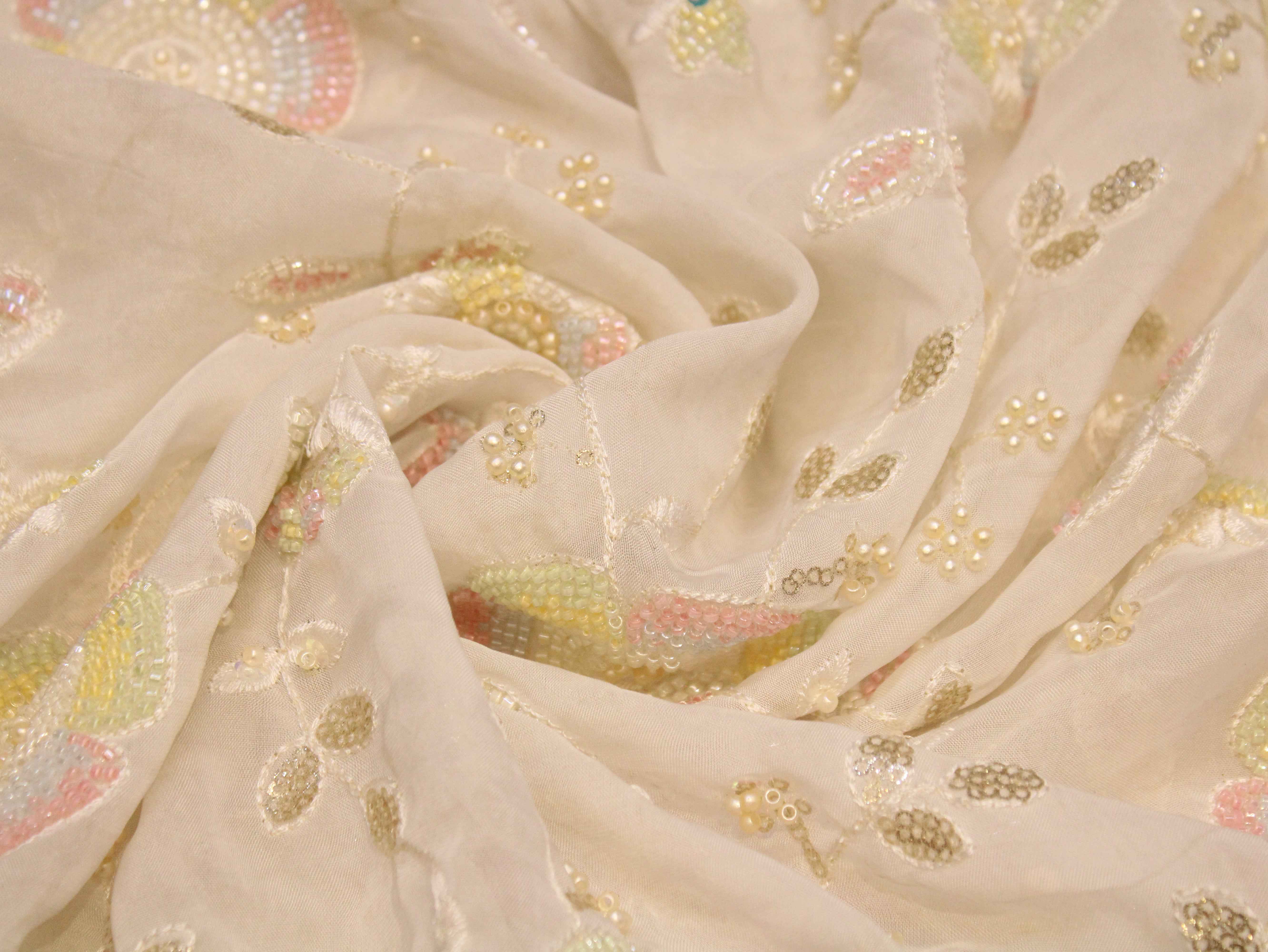 Premium Dyeable Organza Fabric with Pastel Floral Pearl Work