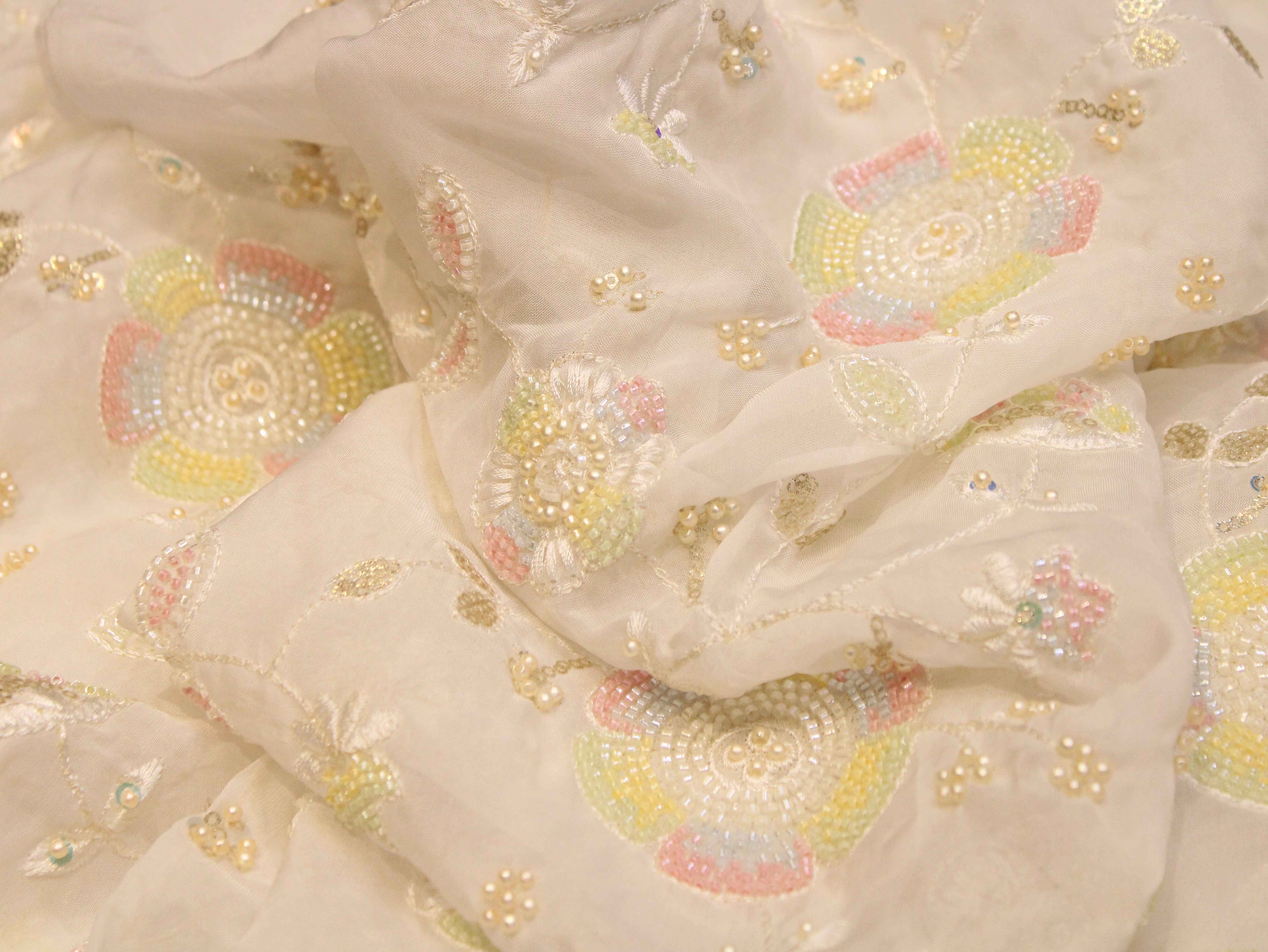 Premium Dyeable Organza Fabric with Pastel Floral Pearl Work