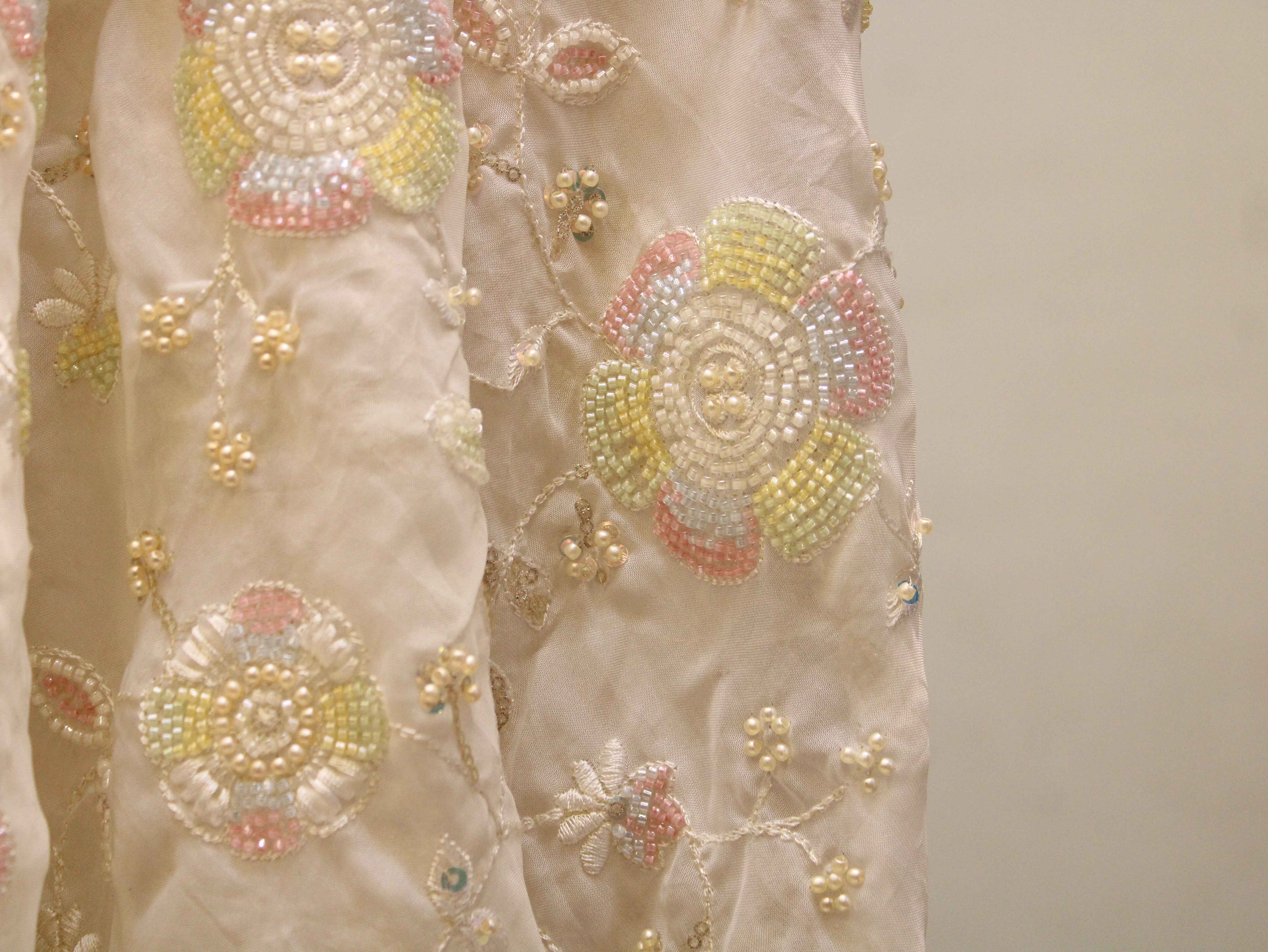 Premium Dyeable Organza Fabric with Pastel Floral Pearl Work