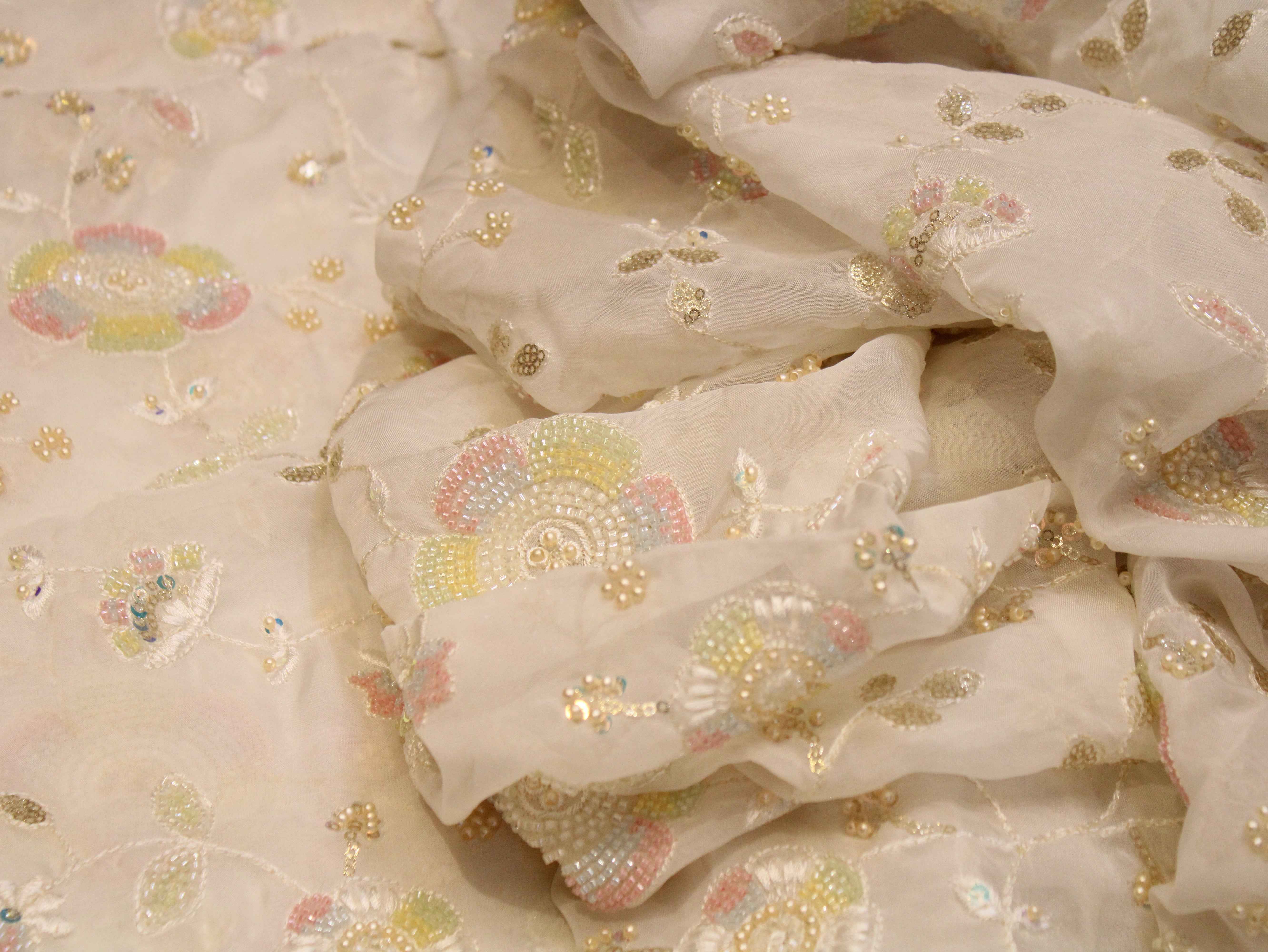 Premium Dyeable Organza Fabric with Pastel Floral Pearl Work