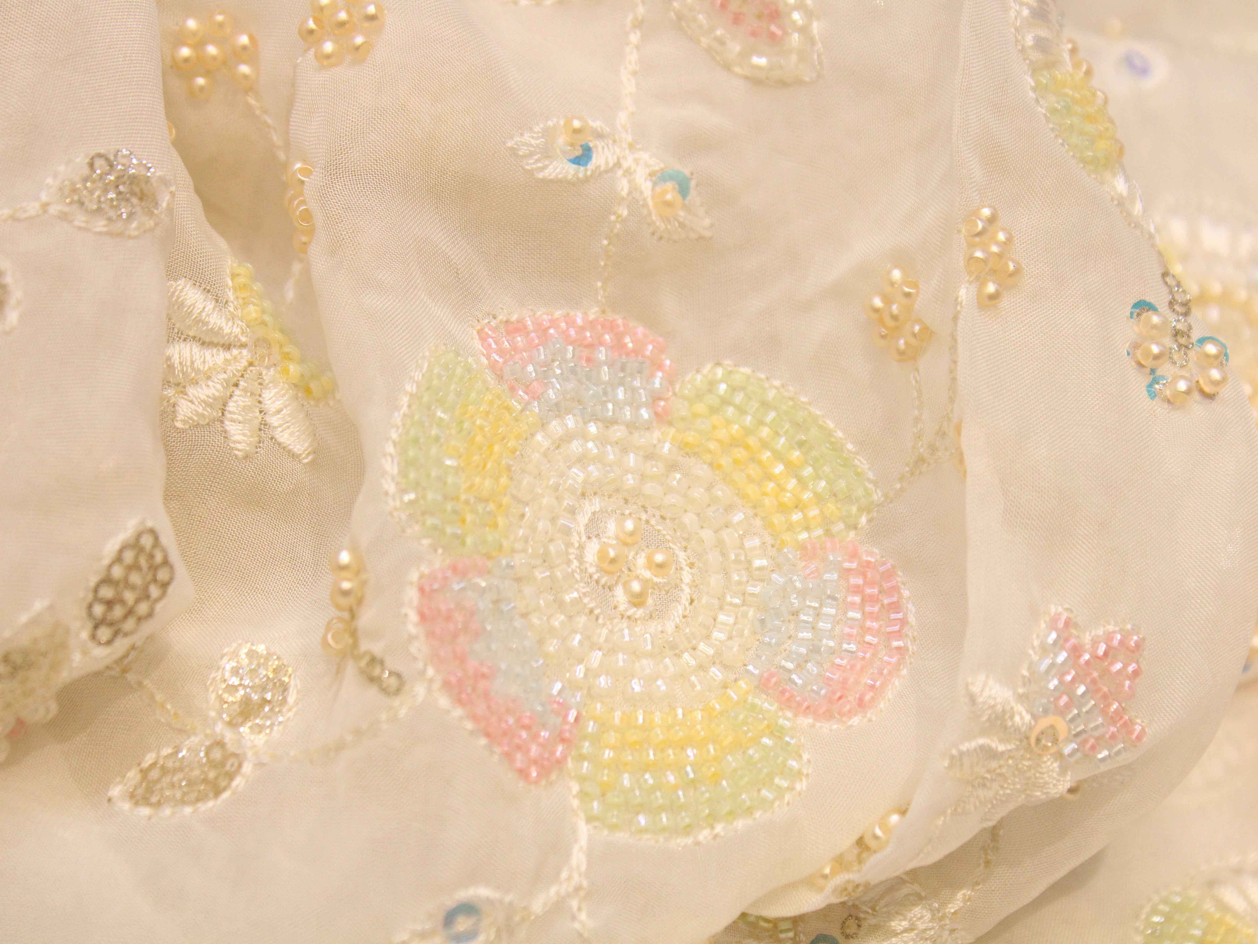 Premium Dyeable Organza Fabric with Pastel Floral Pearl Work