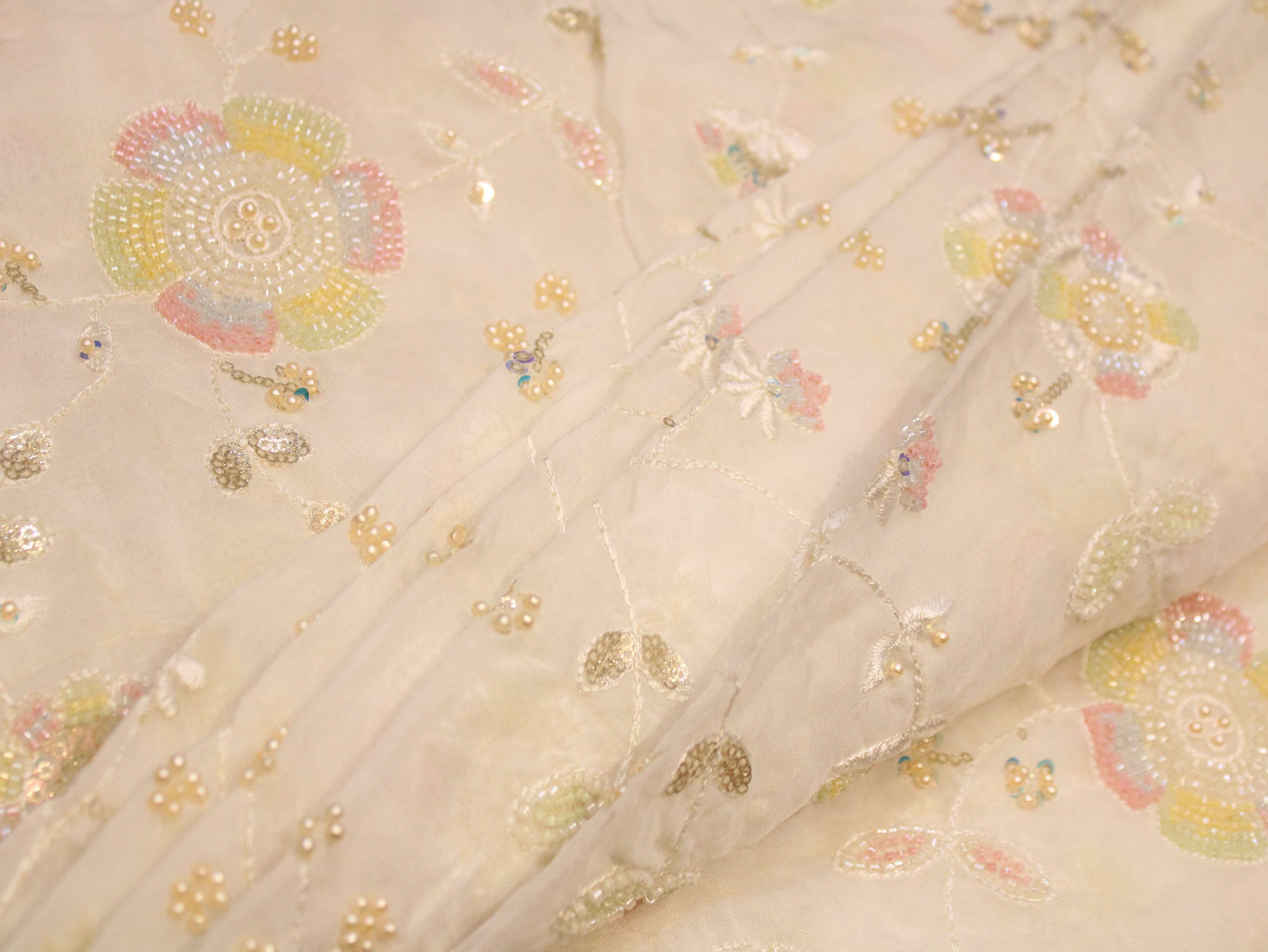 Premium Dyeable Organza Fabric with Pastel Floral Pearl Work