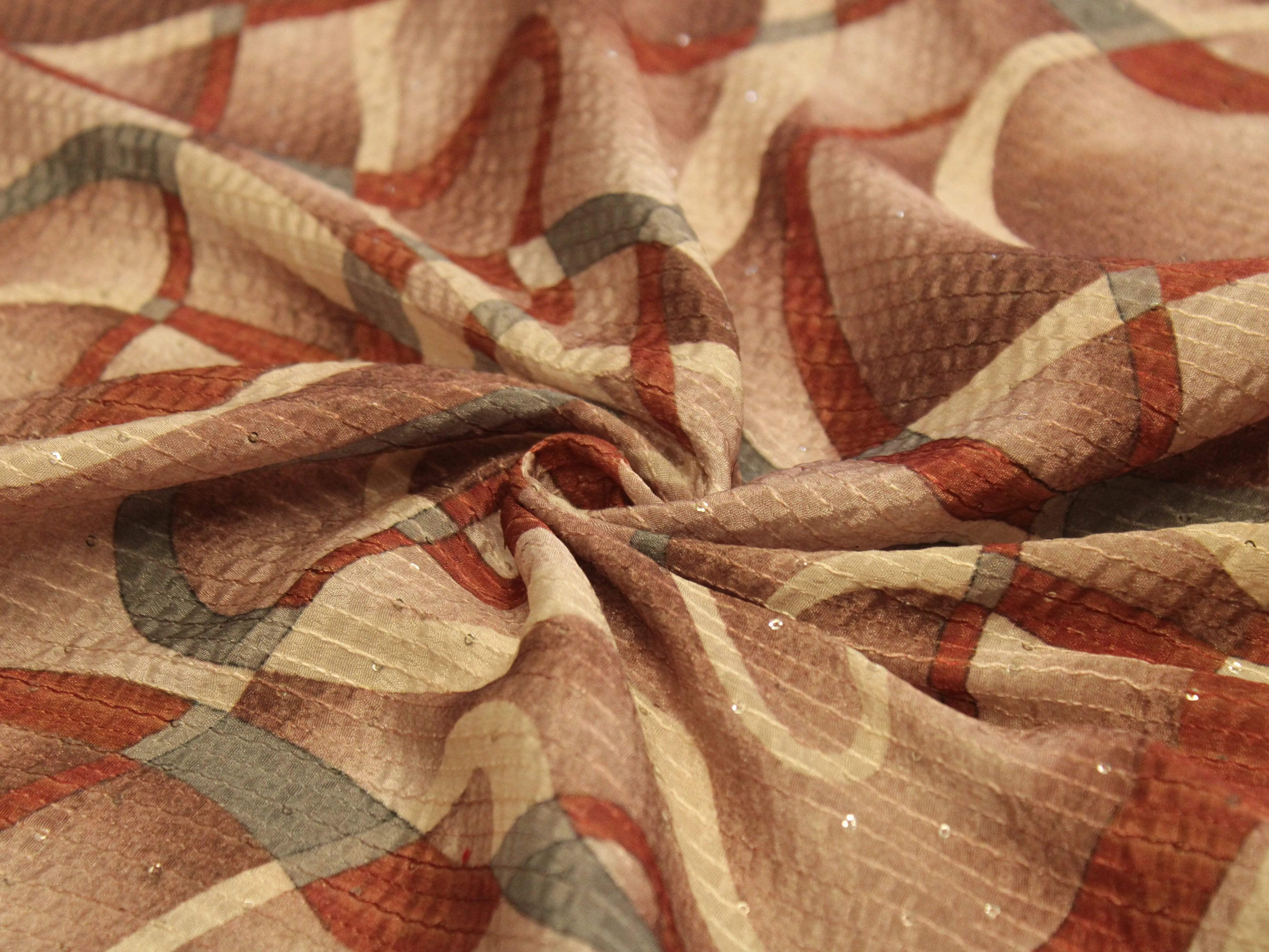 Digital Printed Chinon Fabric with Light Sequin Work