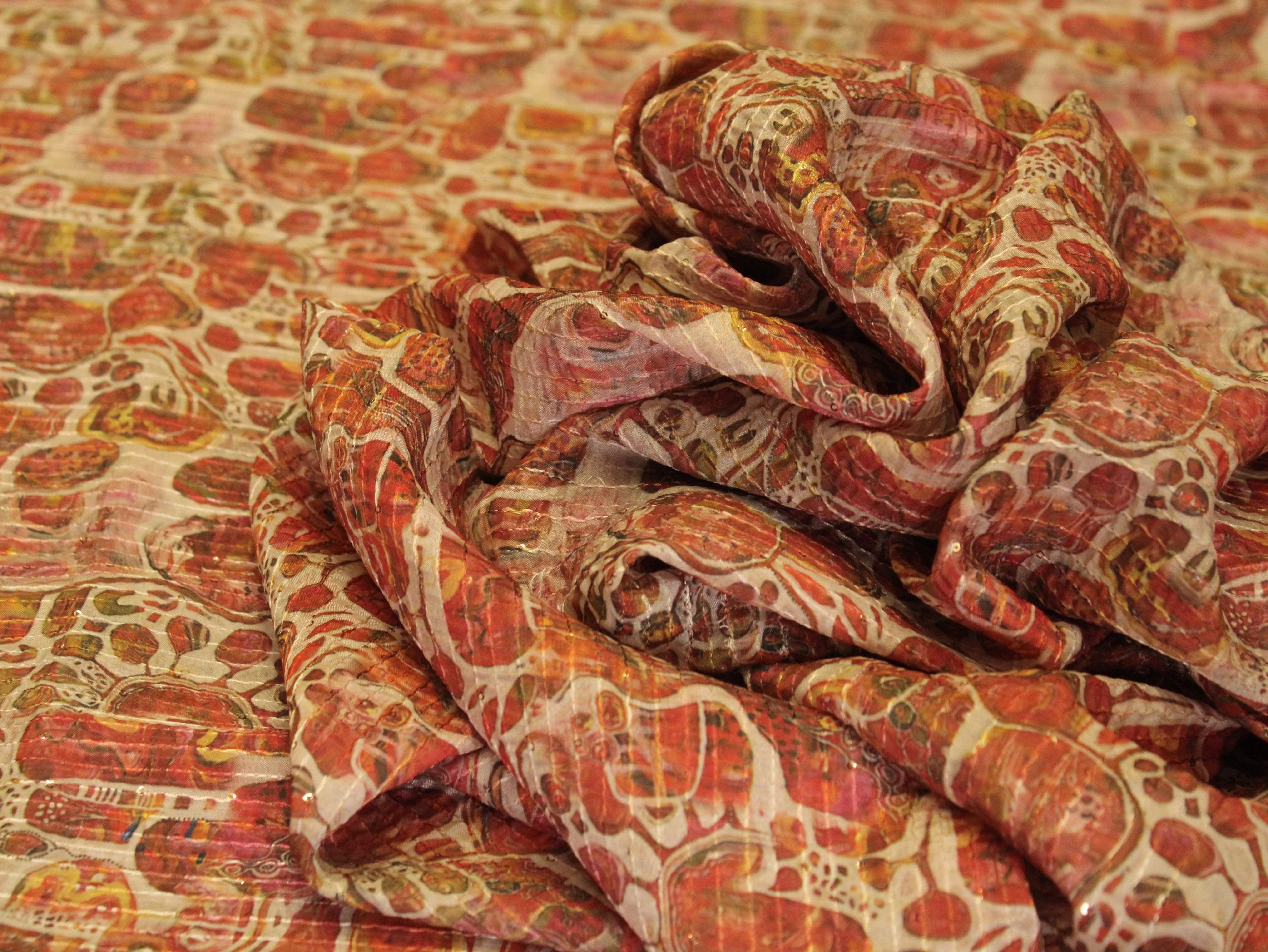 Digital Printed Chinon Fabric with Light Sequin Work