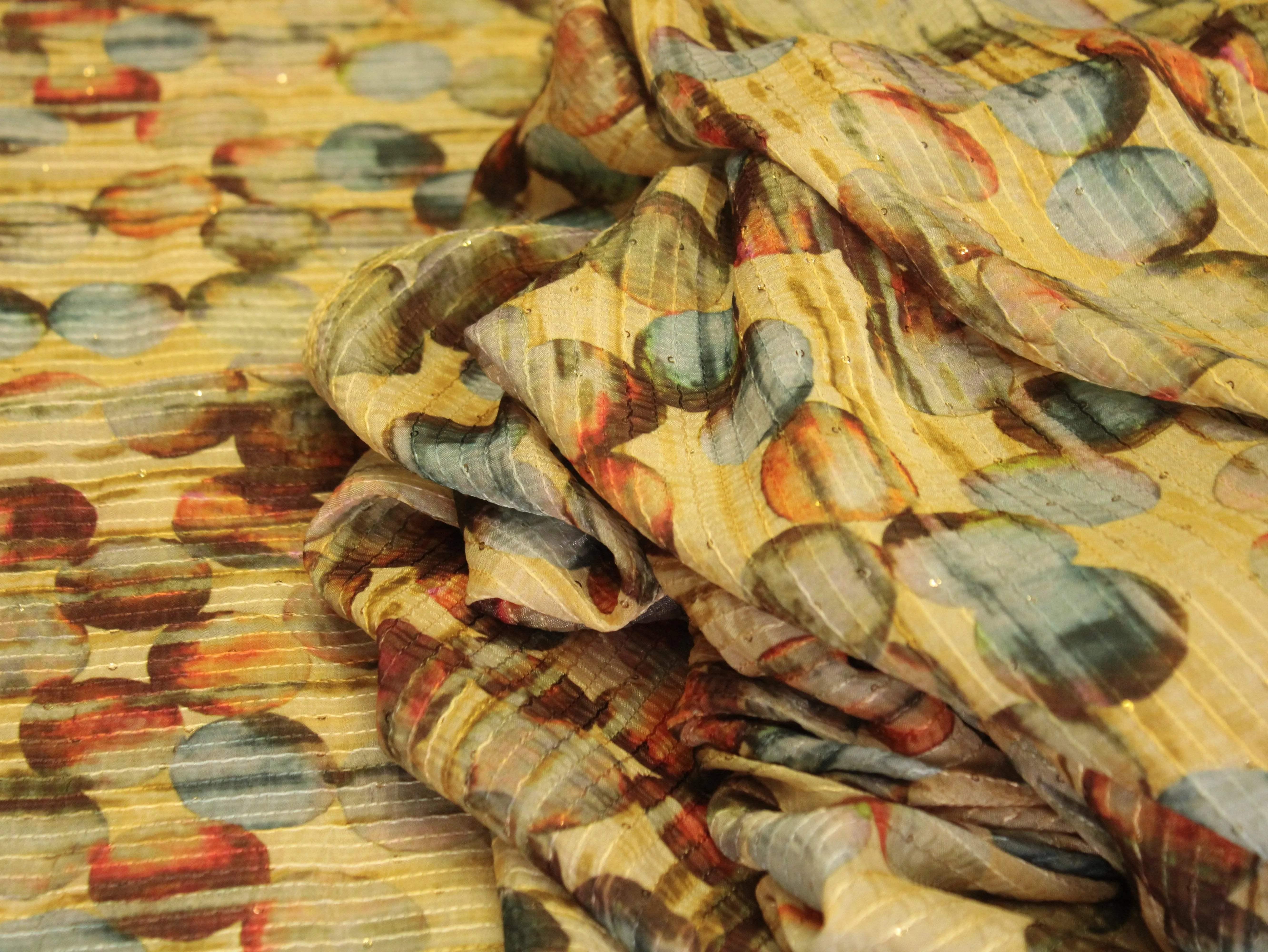 Digital Printed Chinon Fabric with Light Sequin Work