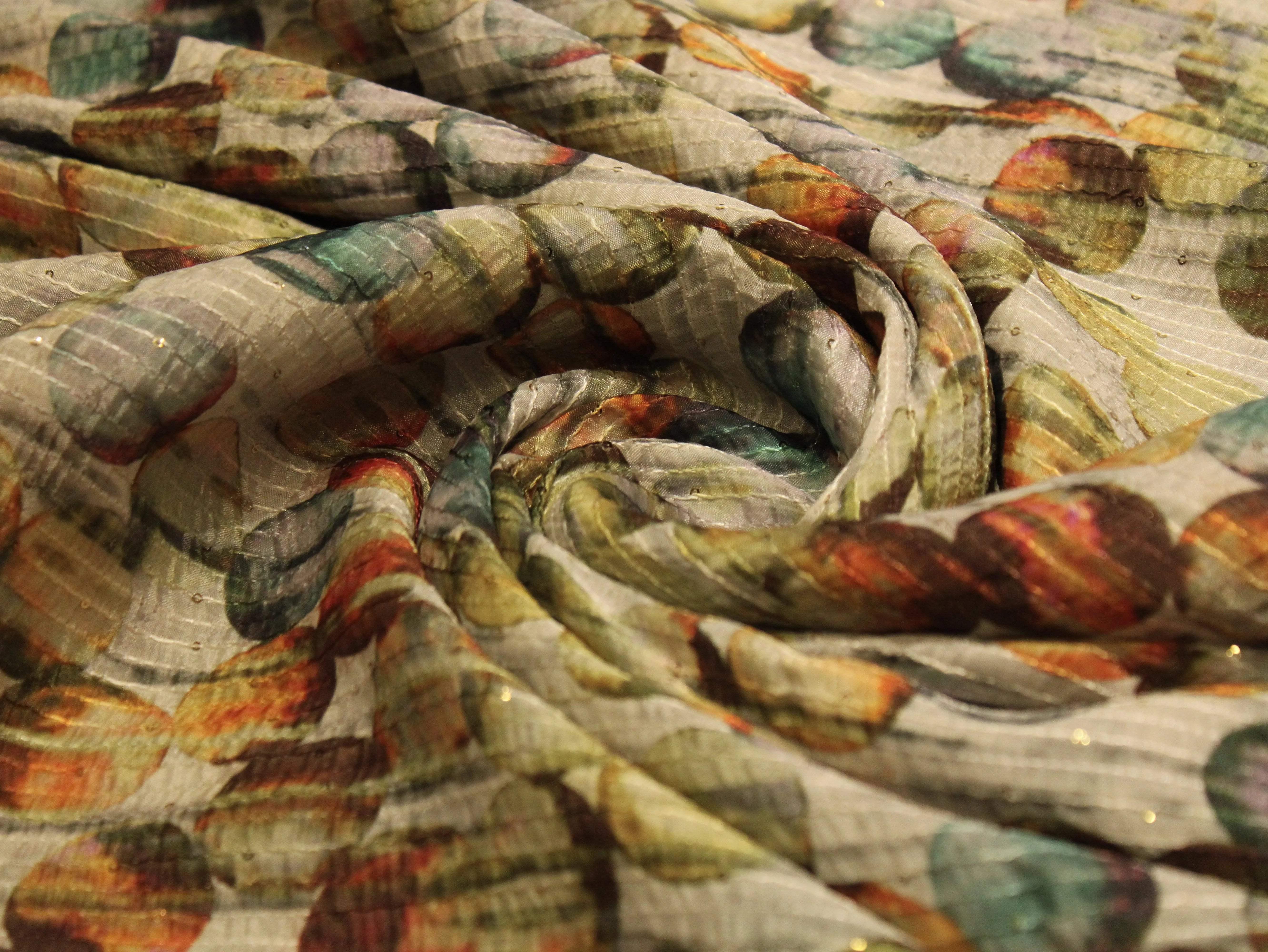 Digital Printed Chinon Fabric with Light Sequin Work