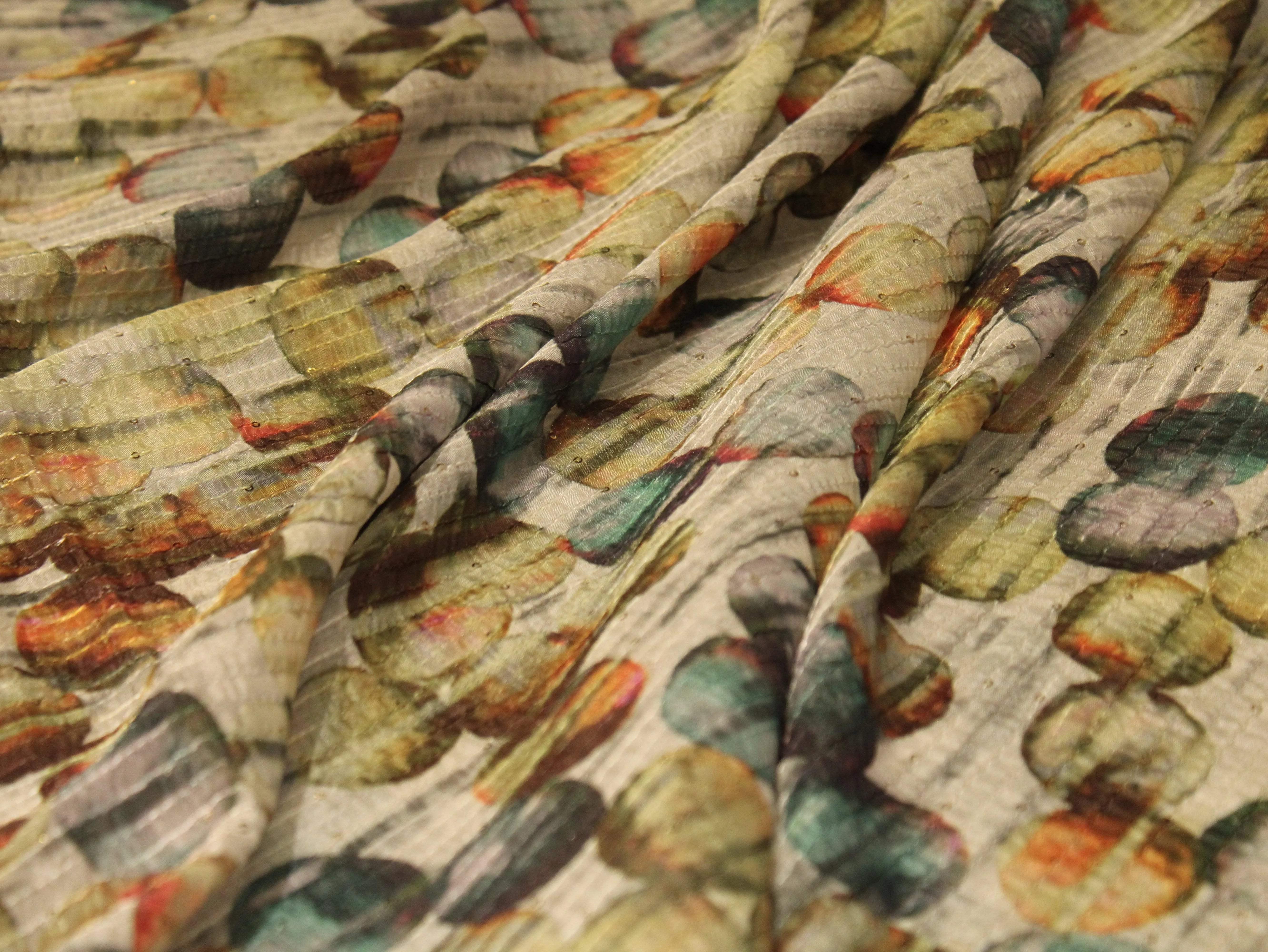 Digital Printed Chinon Fabric with Light Sequin Work