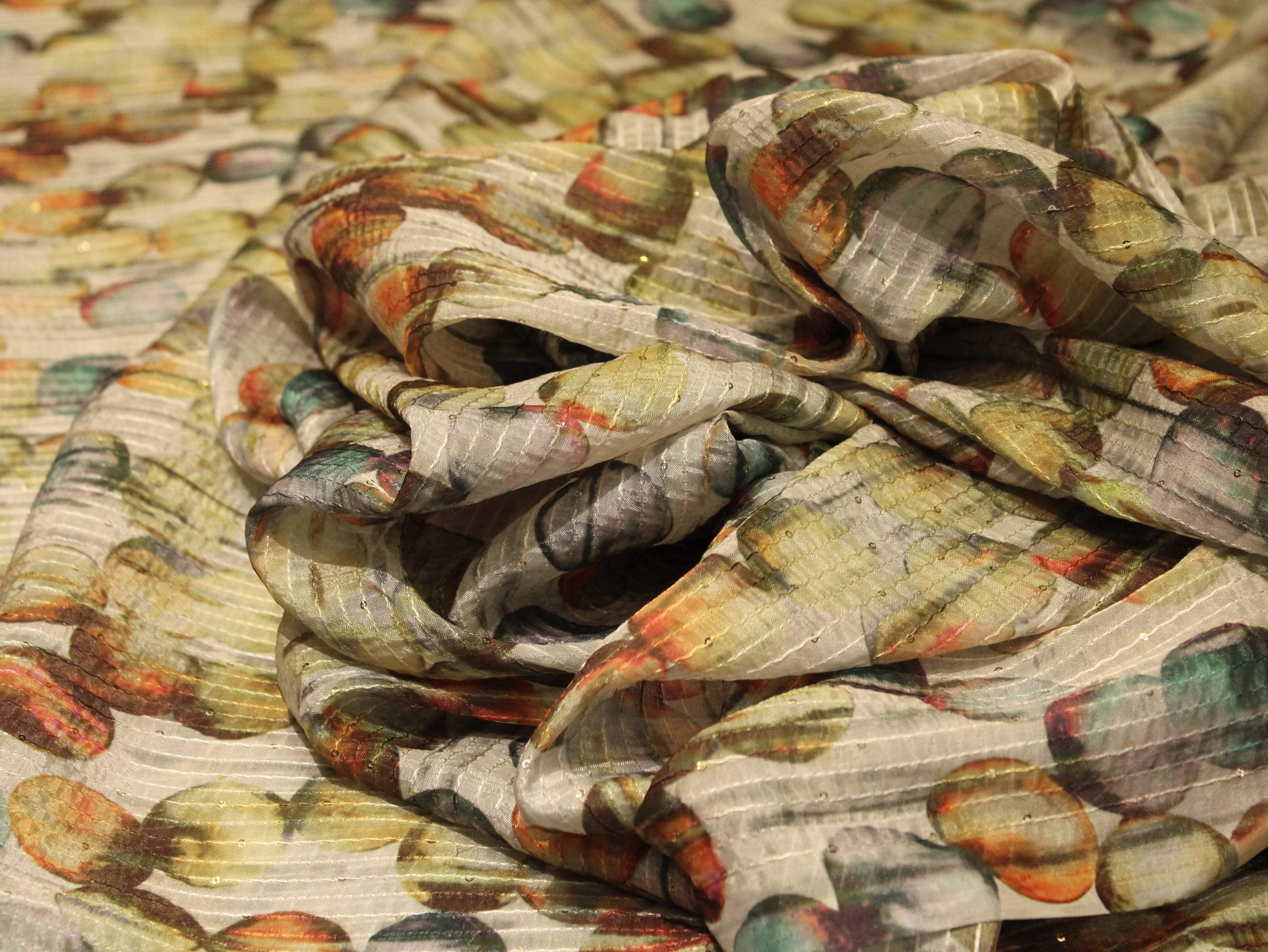 Digital Printed Chinon Fabric with Light Sequin Work