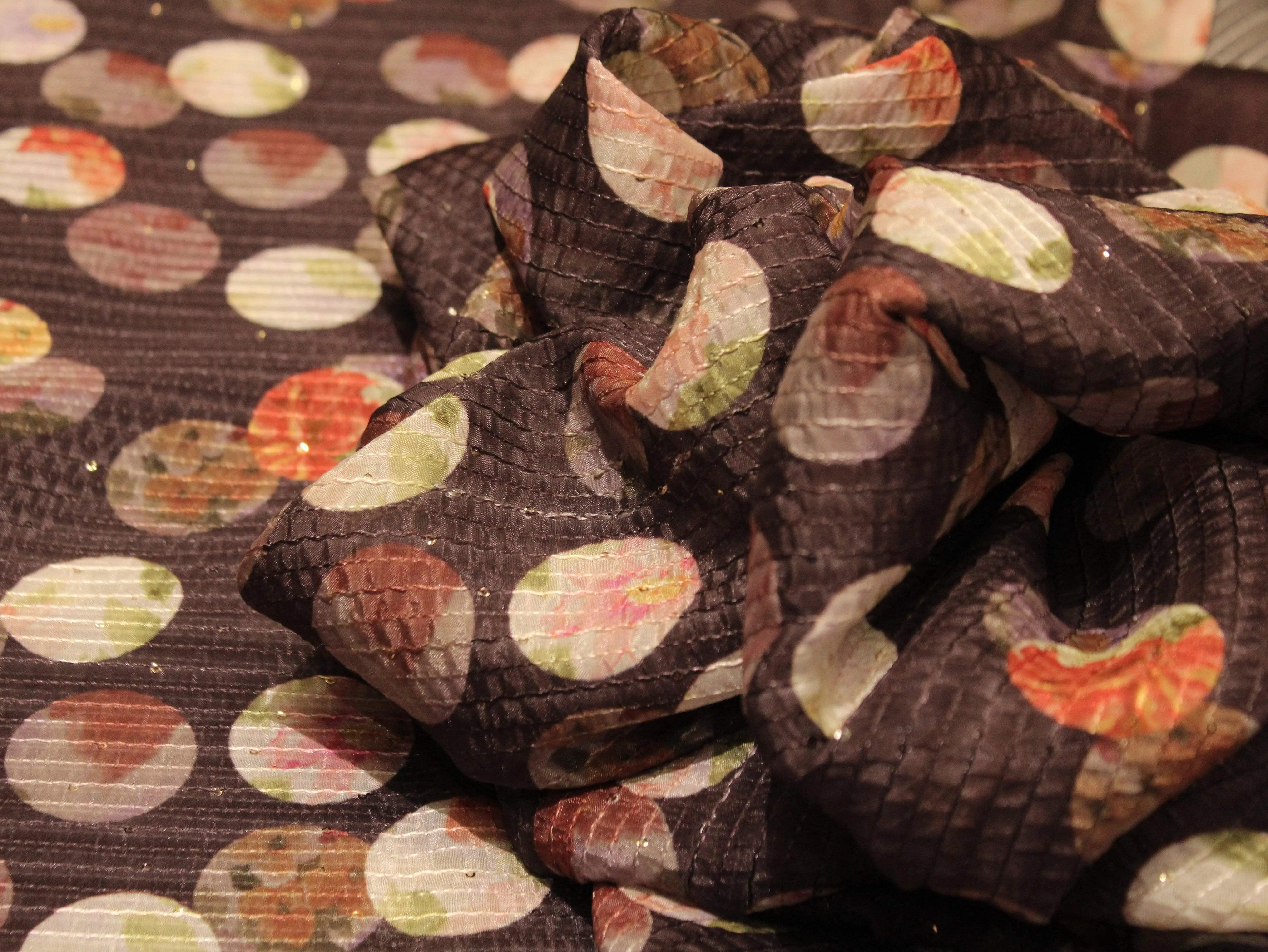 Digital Printed Chinon Fabric with Light Sequin Work