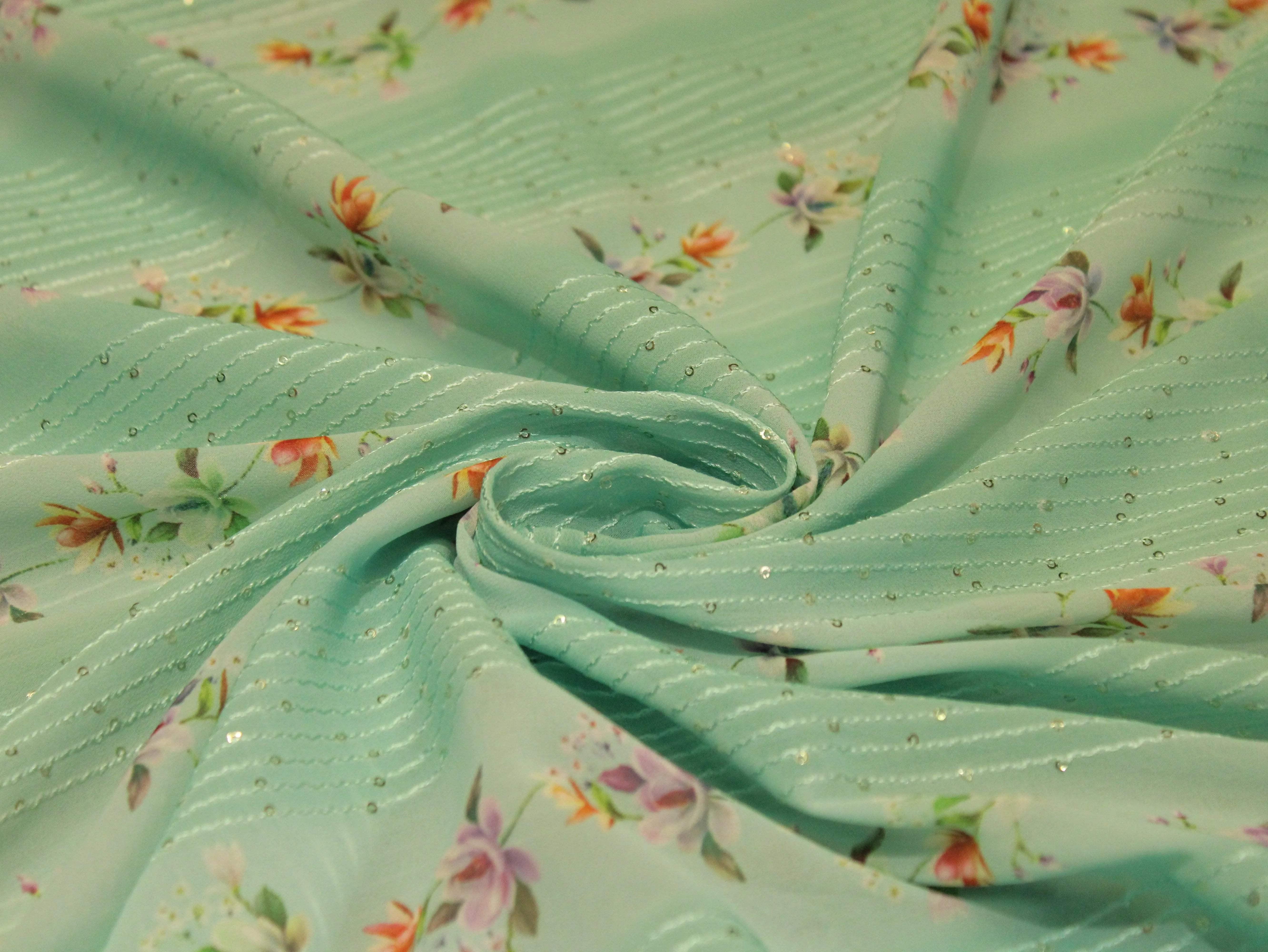 Digital Printed Chinon Fabric with Light Sequin Work