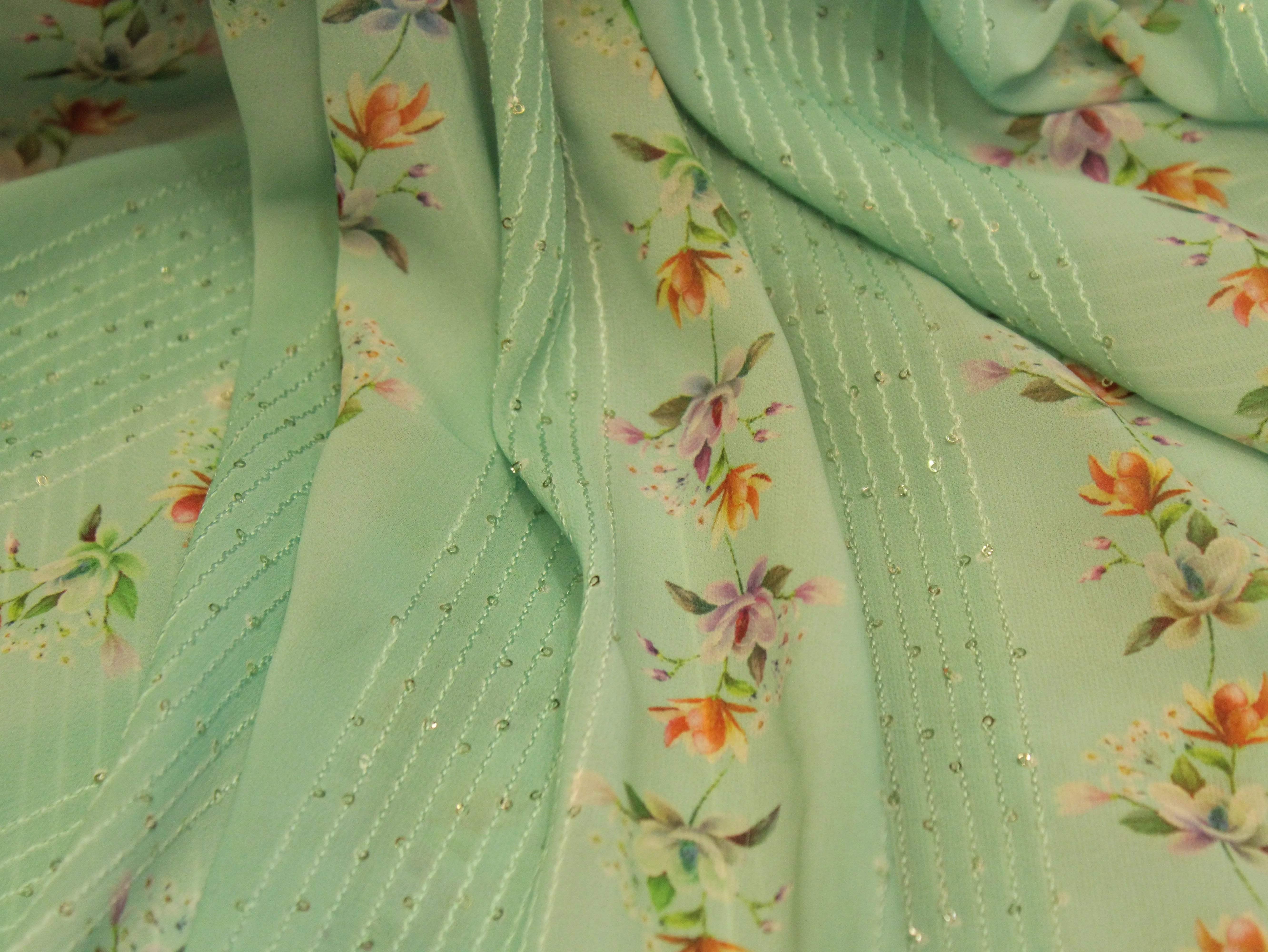 Digital Printed Chinon Fabric with Light Sequin Work