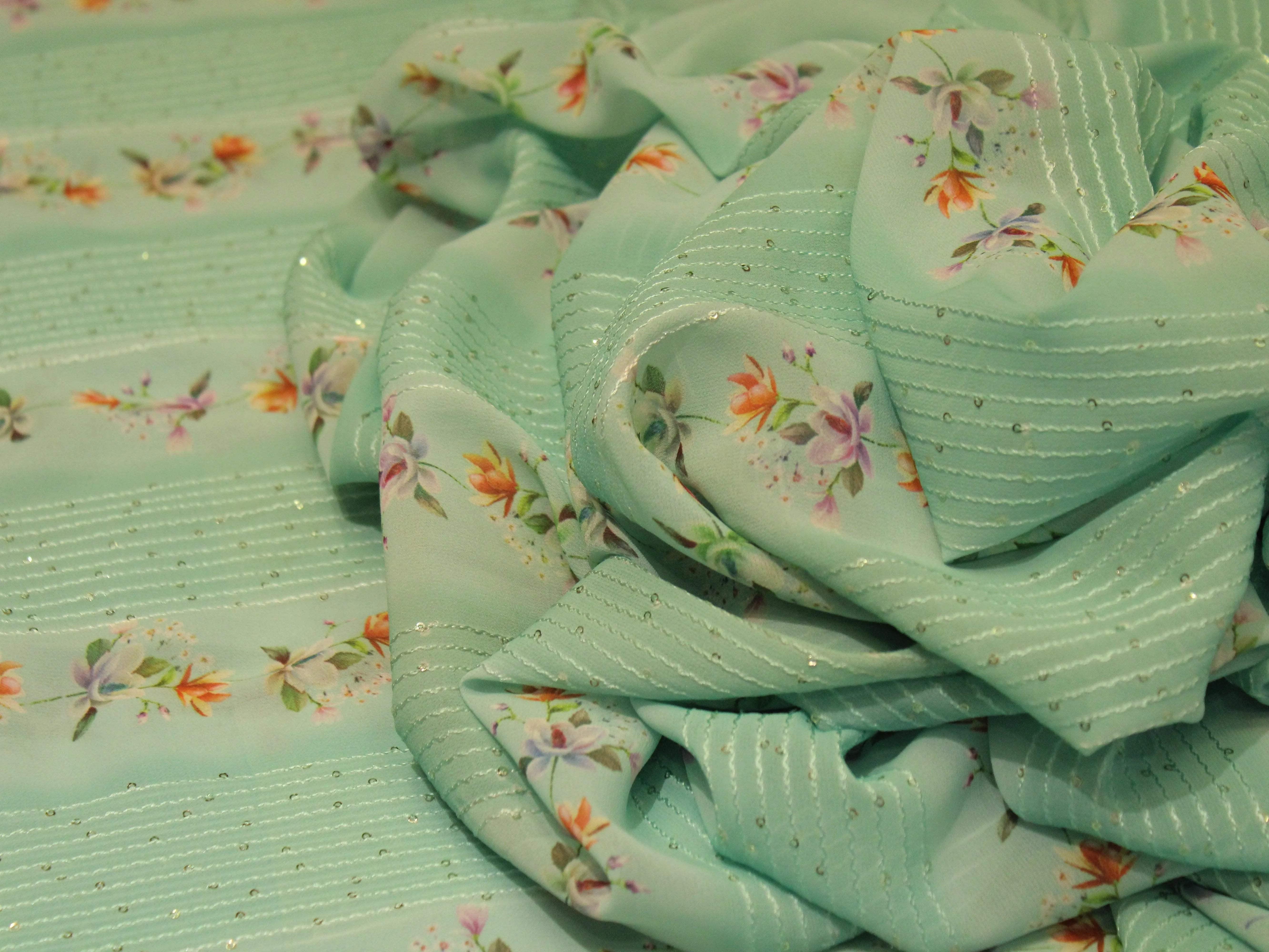 Digital Printed Chinon Fabric with Light Sequin Work