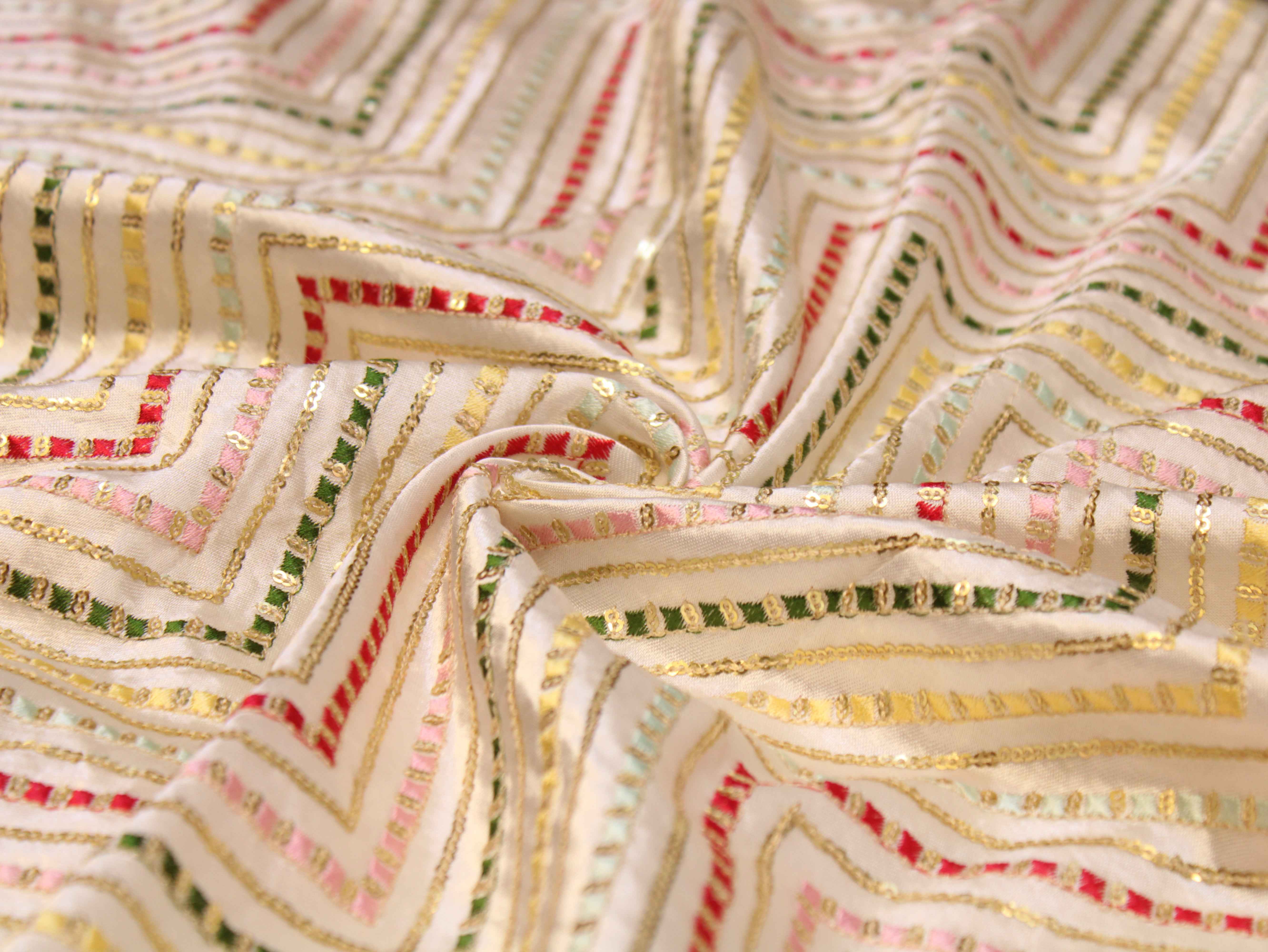 White Gaji Silk Multi-Colour Thread Work Fabric