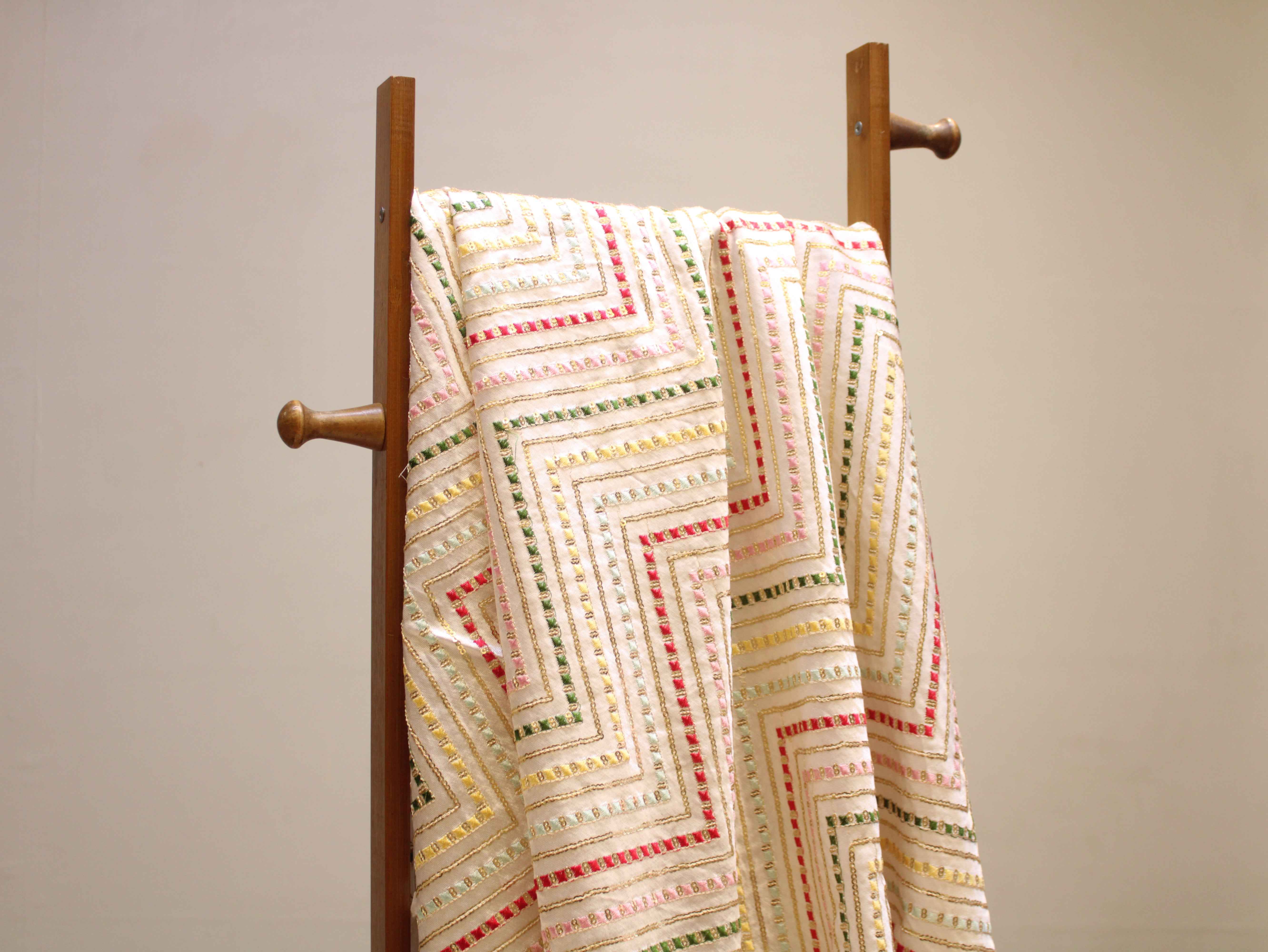 White Gaji Silk Multi-Colour Thread Work Fabric