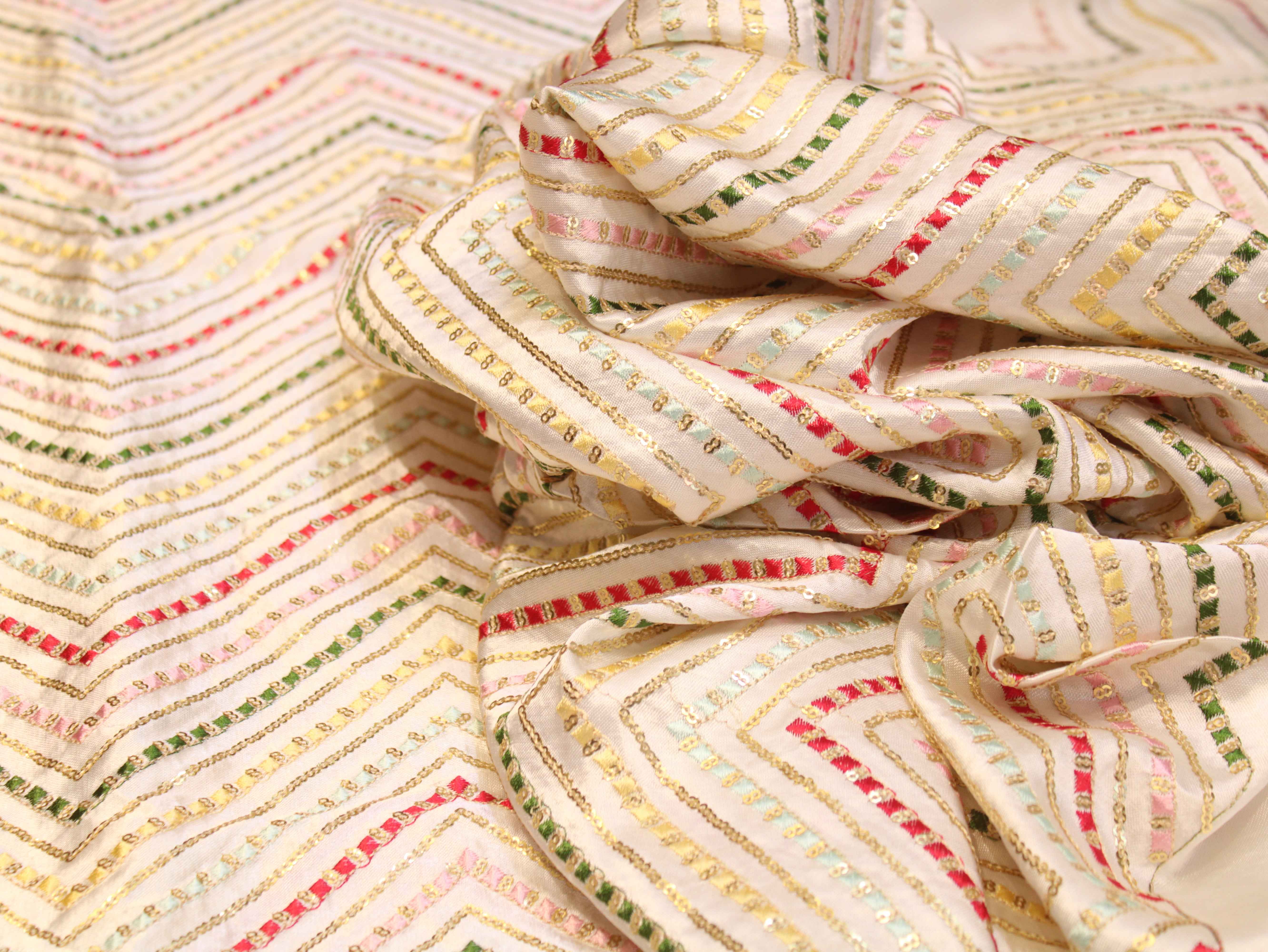 White Gaji Silk Multi-Colour Thread Work Fabric