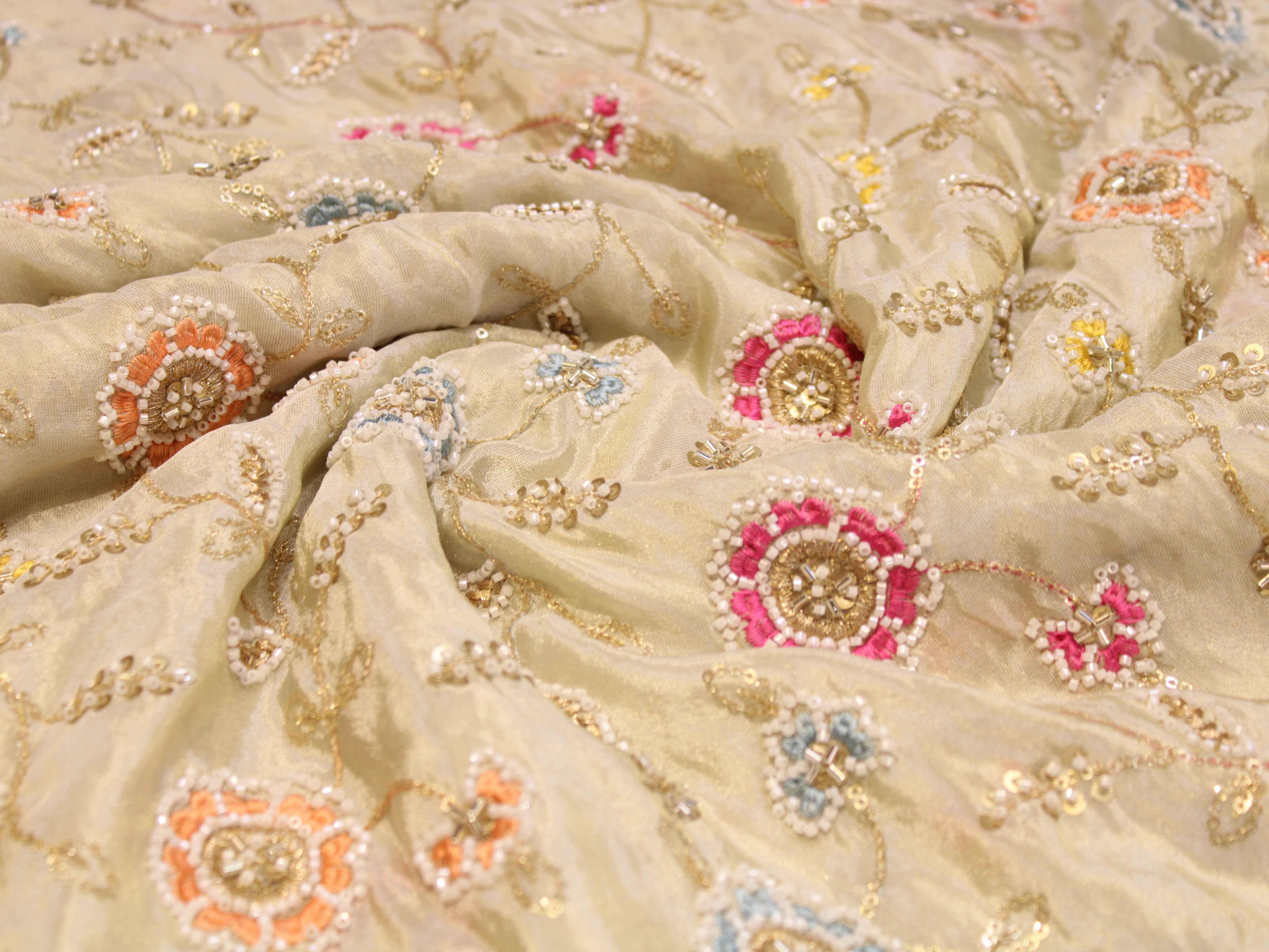 Ivory Tissue Fabric with Pearl, Bits Work & Thread Floral Embroidery