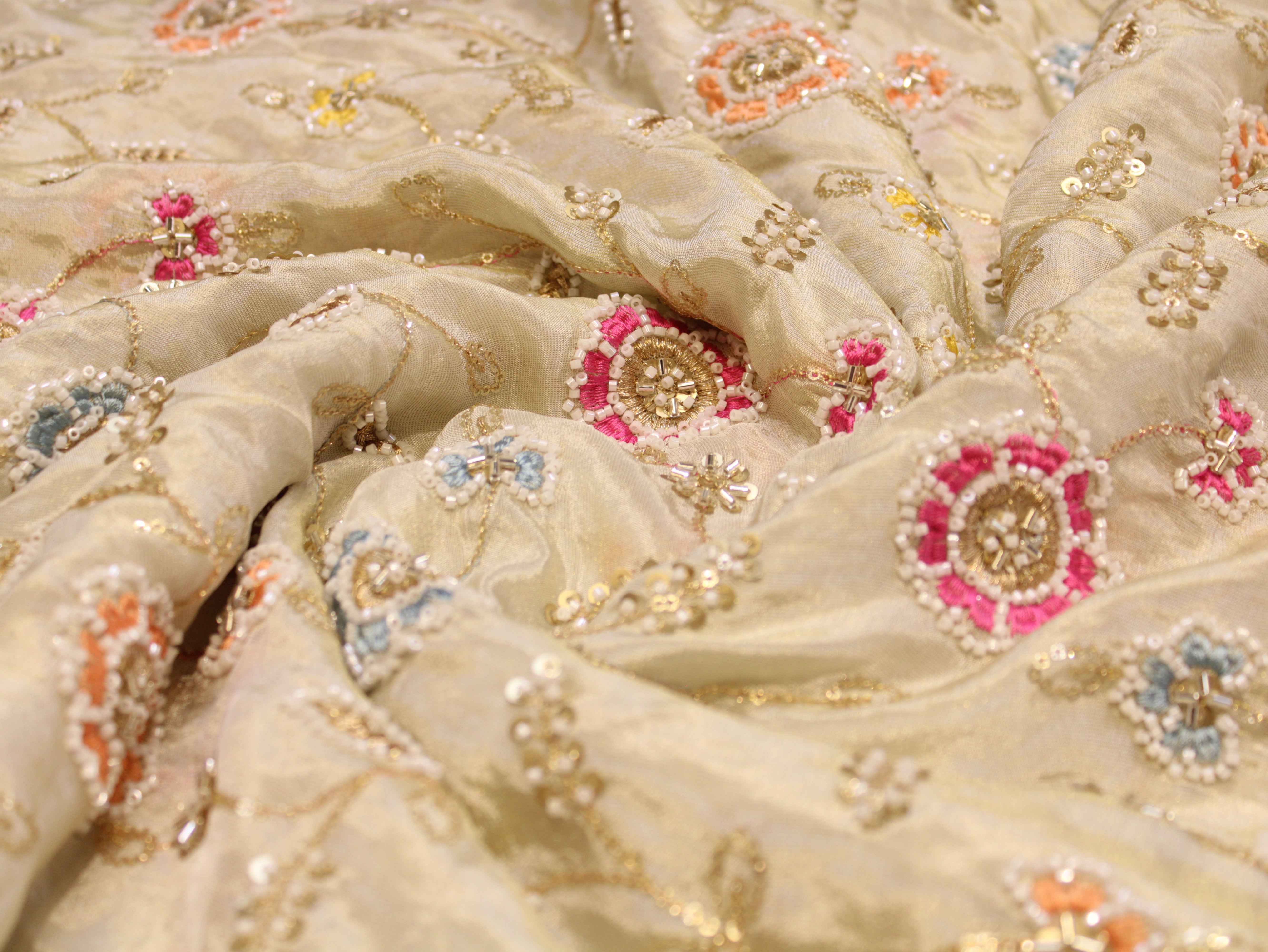 Ivory Tissue Fabric with Pearl, Bits Work & Thread Floral Embroidery