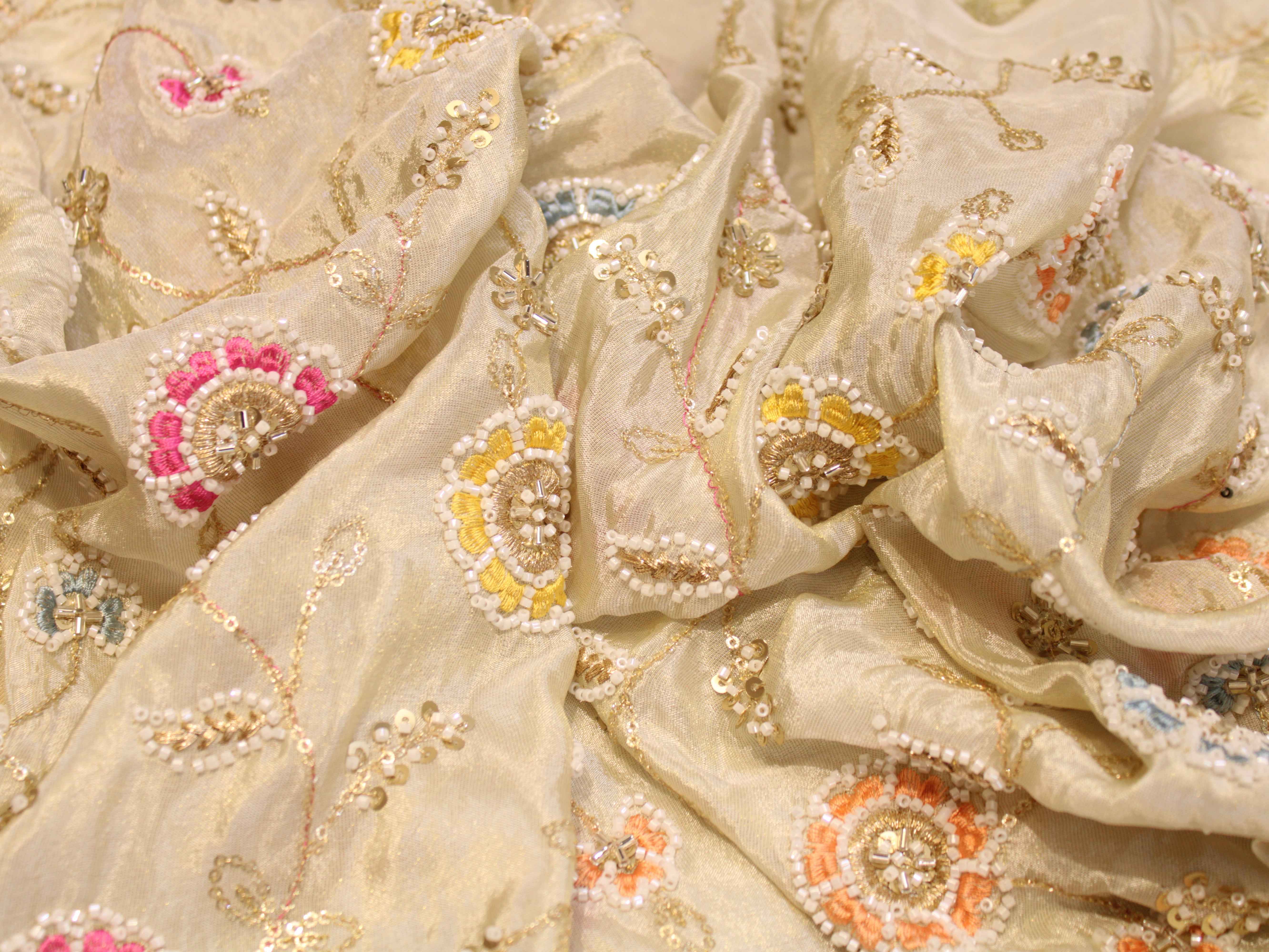 Ivory Tissue Fabric with Pearl, Bits Work & Thread Floral Embroidery