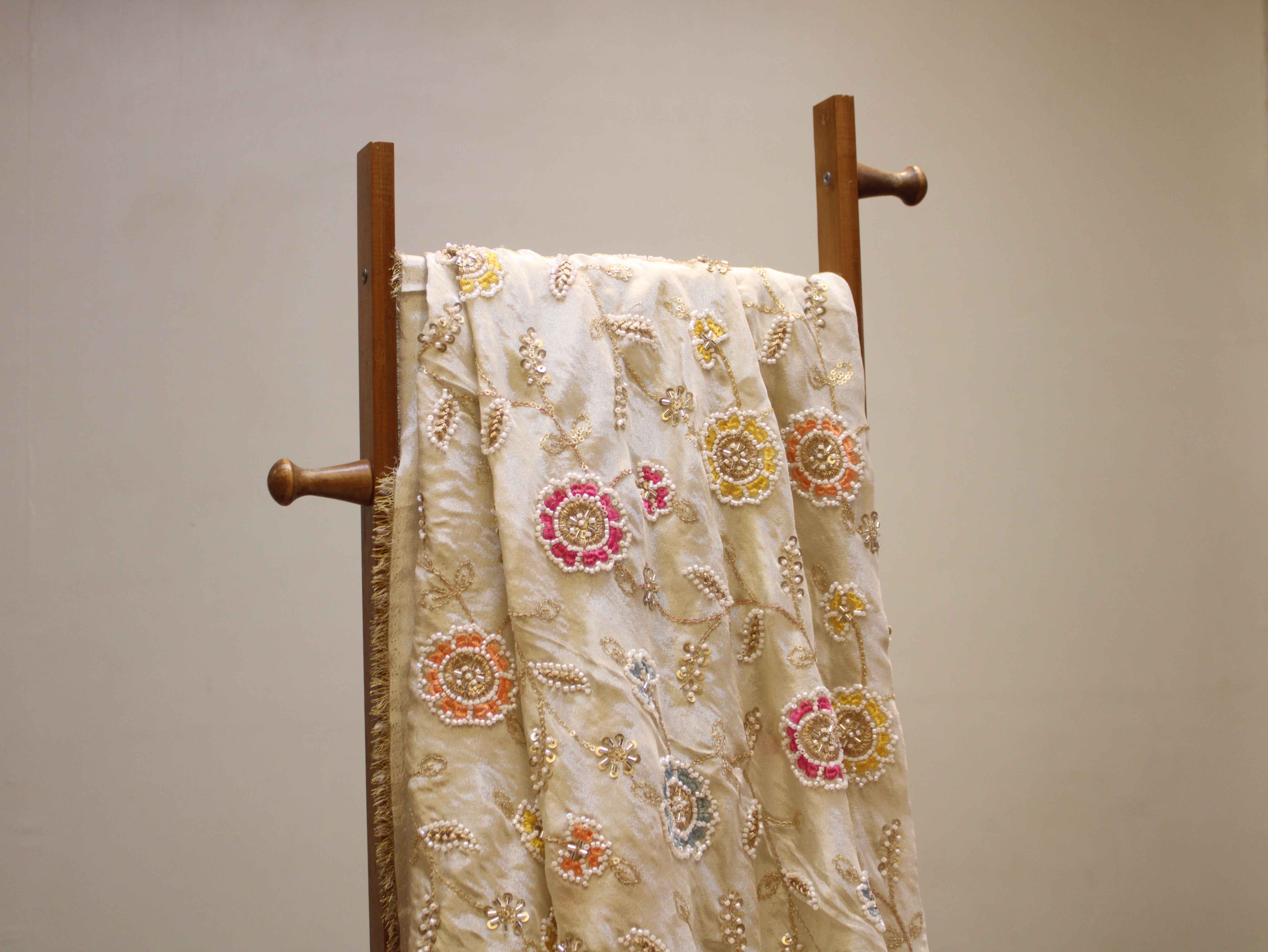Ivory Tissue Fabric with Pearl, Bits Work & Thread Floral Embroidery