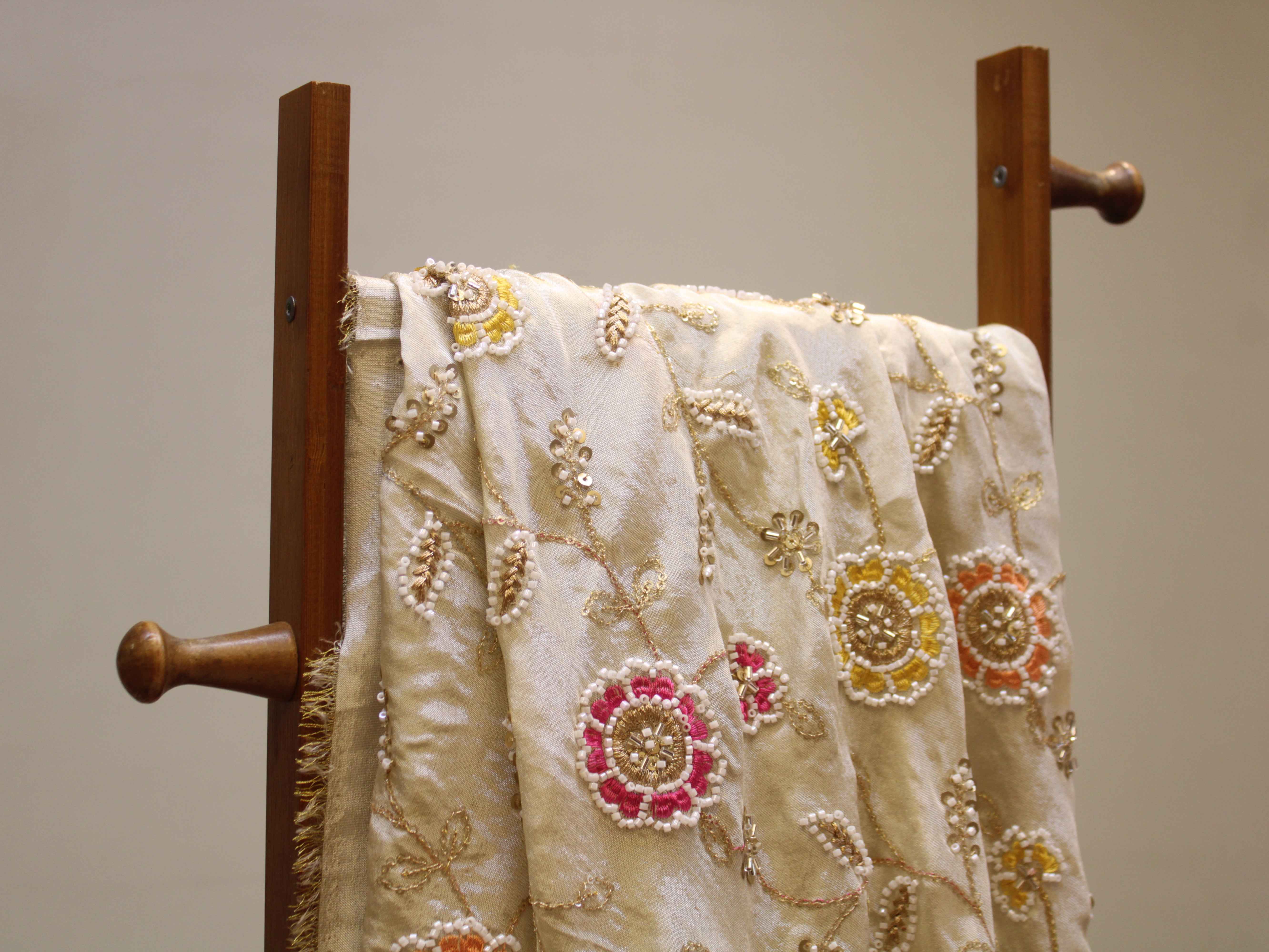 Ivory Tissue Fabric with Pearl, Bits Work & Thread Floral Embroidery