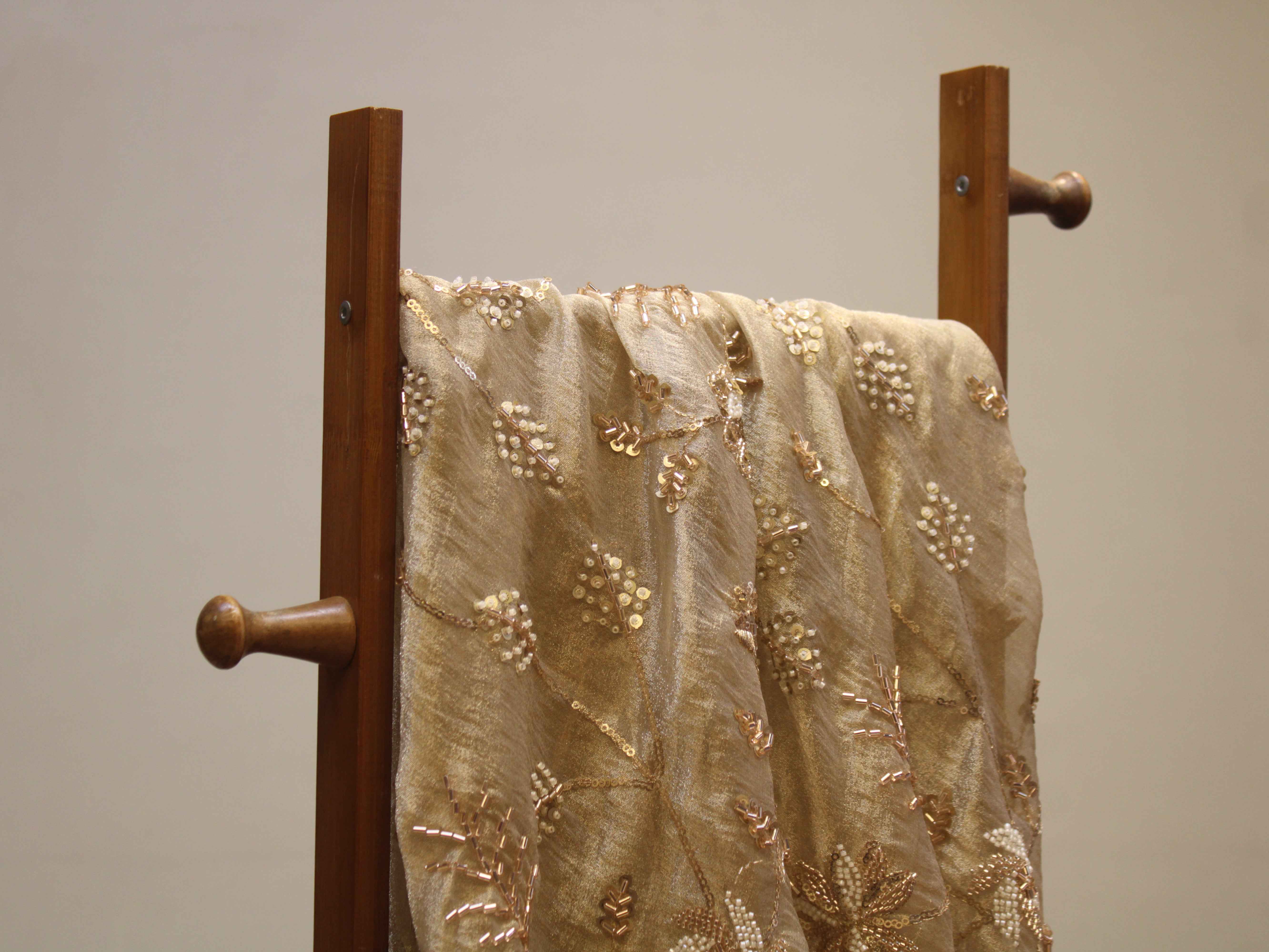 Pure Banarasi Tissue Fabric with Jaal, Bits & Pearl Work