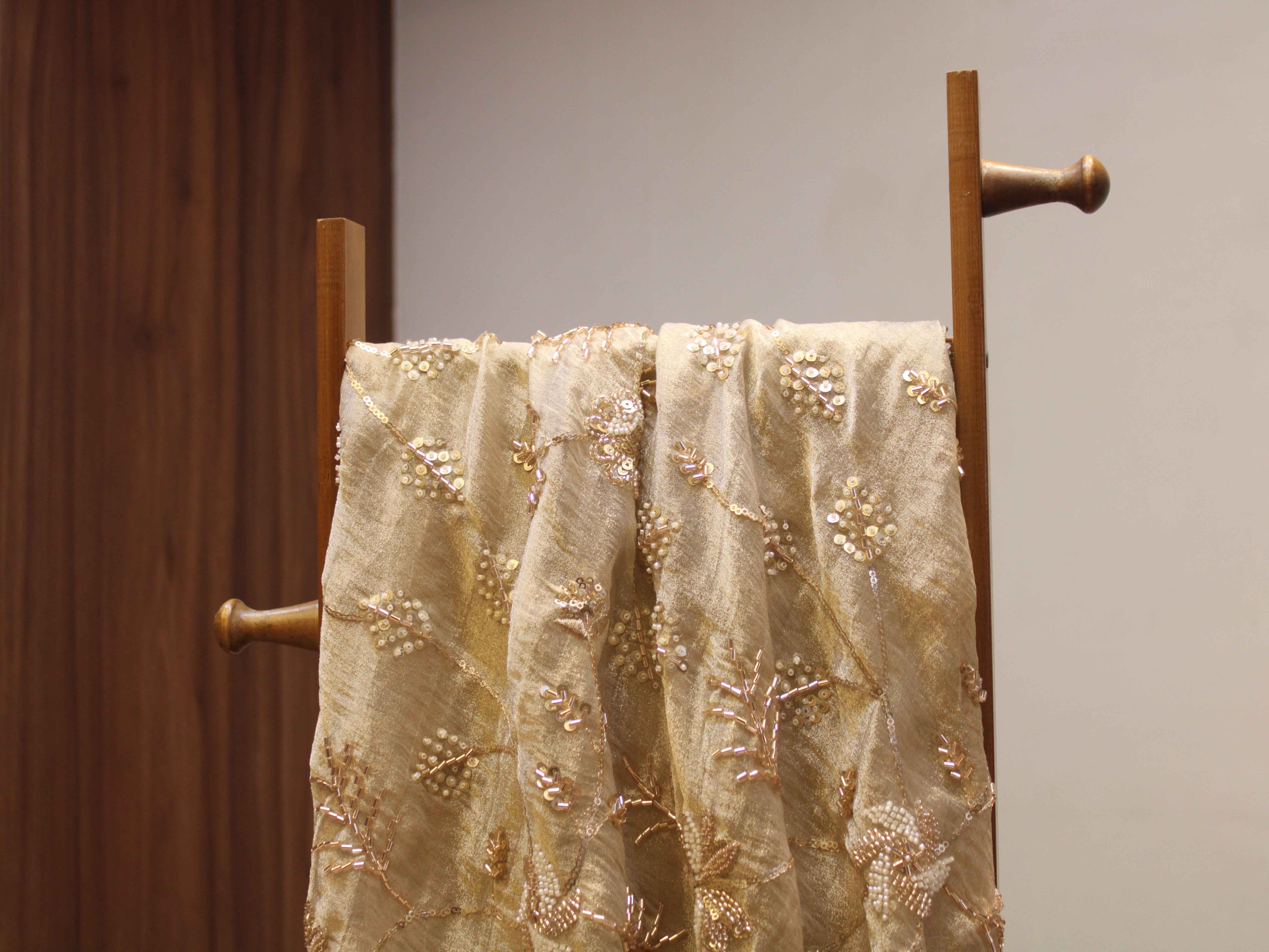 Pure Banarasi Tissue Fabric with Jaal, Bits & Pearl Work