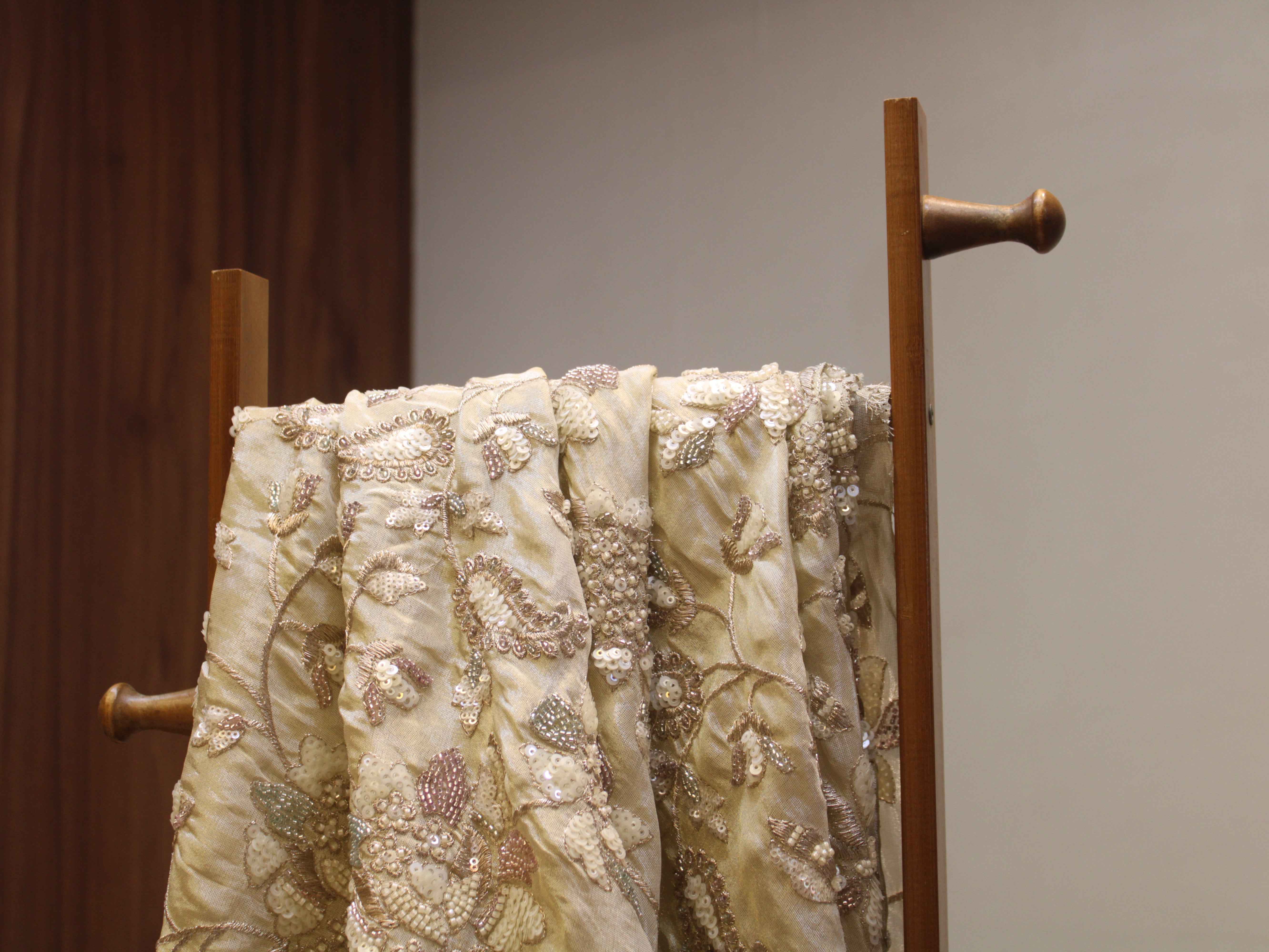 Pure Tissue Fabric with Jaal, Bits & Pearl Work