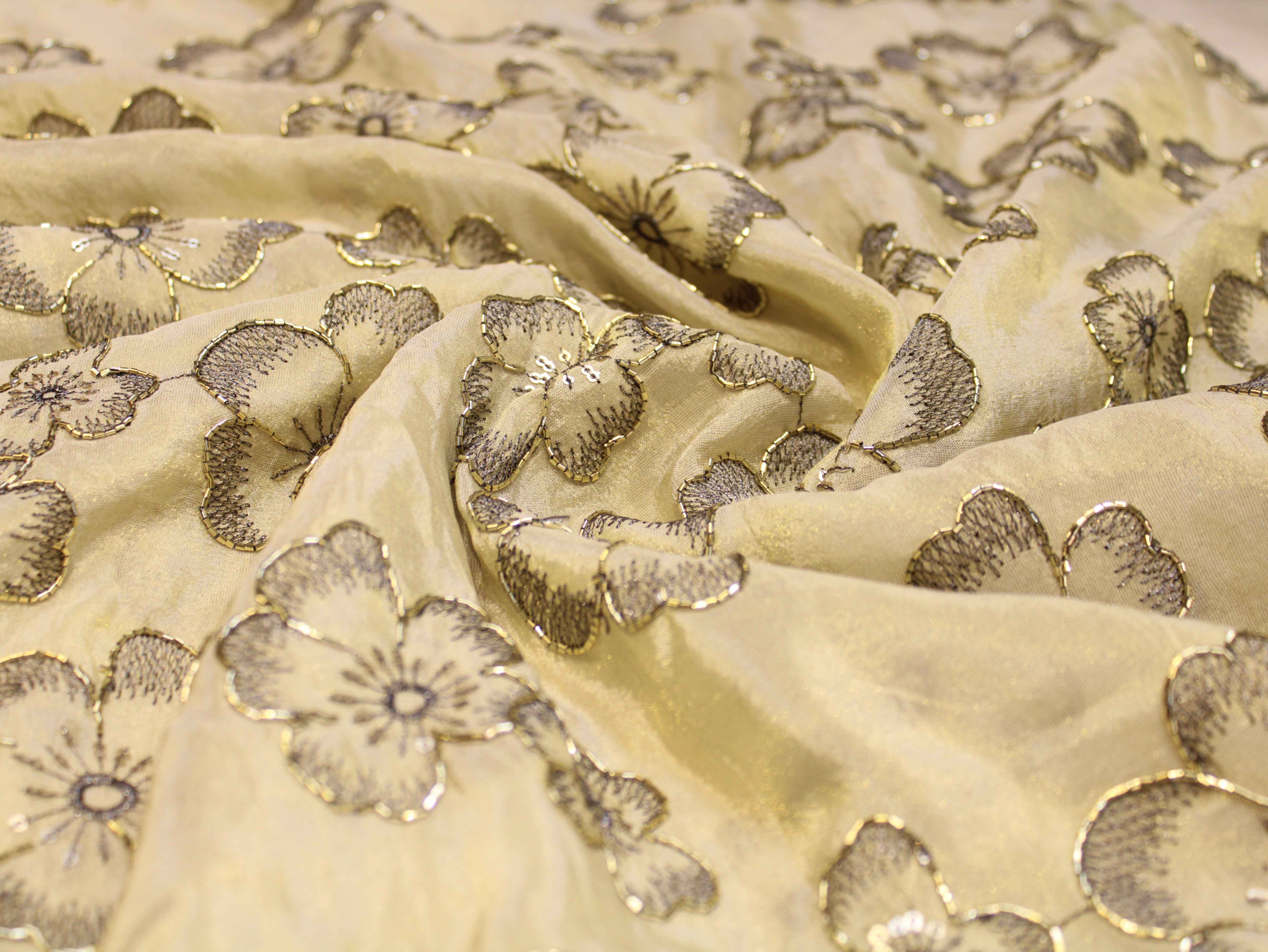 Premium Tissue Fabric with Thread & Semi Bits Floral Work - Ivory