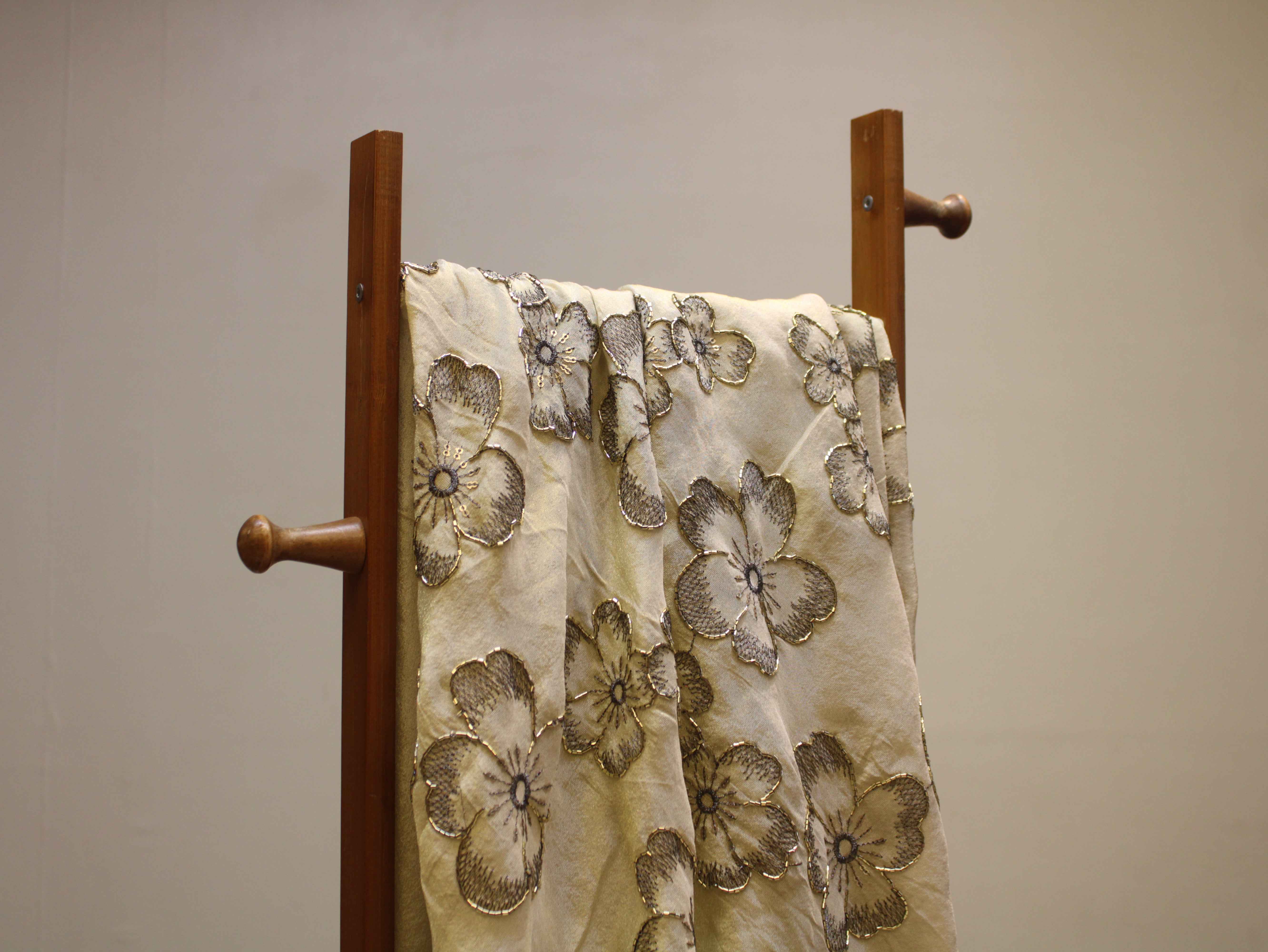 Premium Tissue Fabric with Thread & Semi Bits Floral Work - Ivory