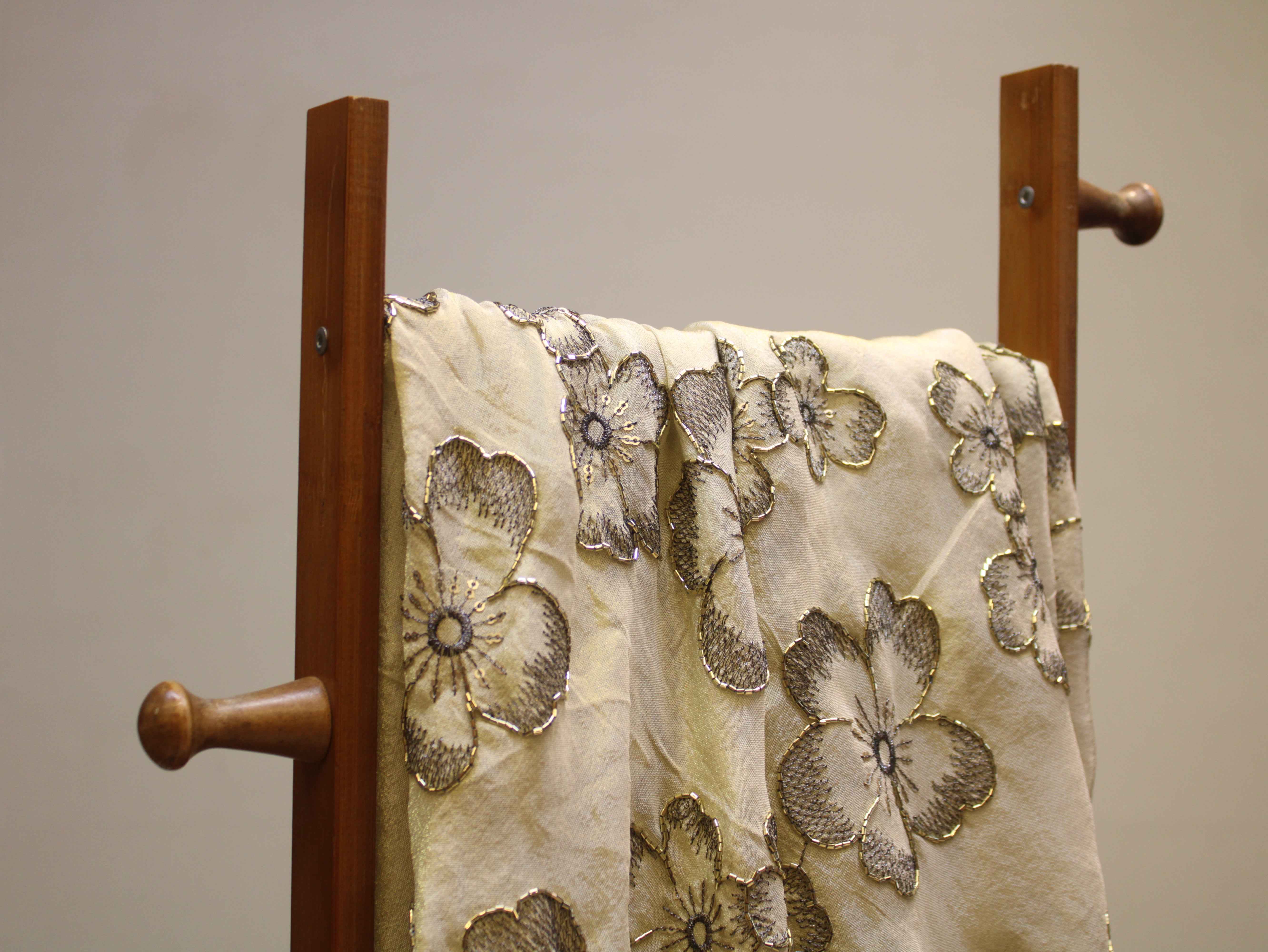 Premium Tissue Fabric with Thread & Semi Bits Floral Work - Ivory