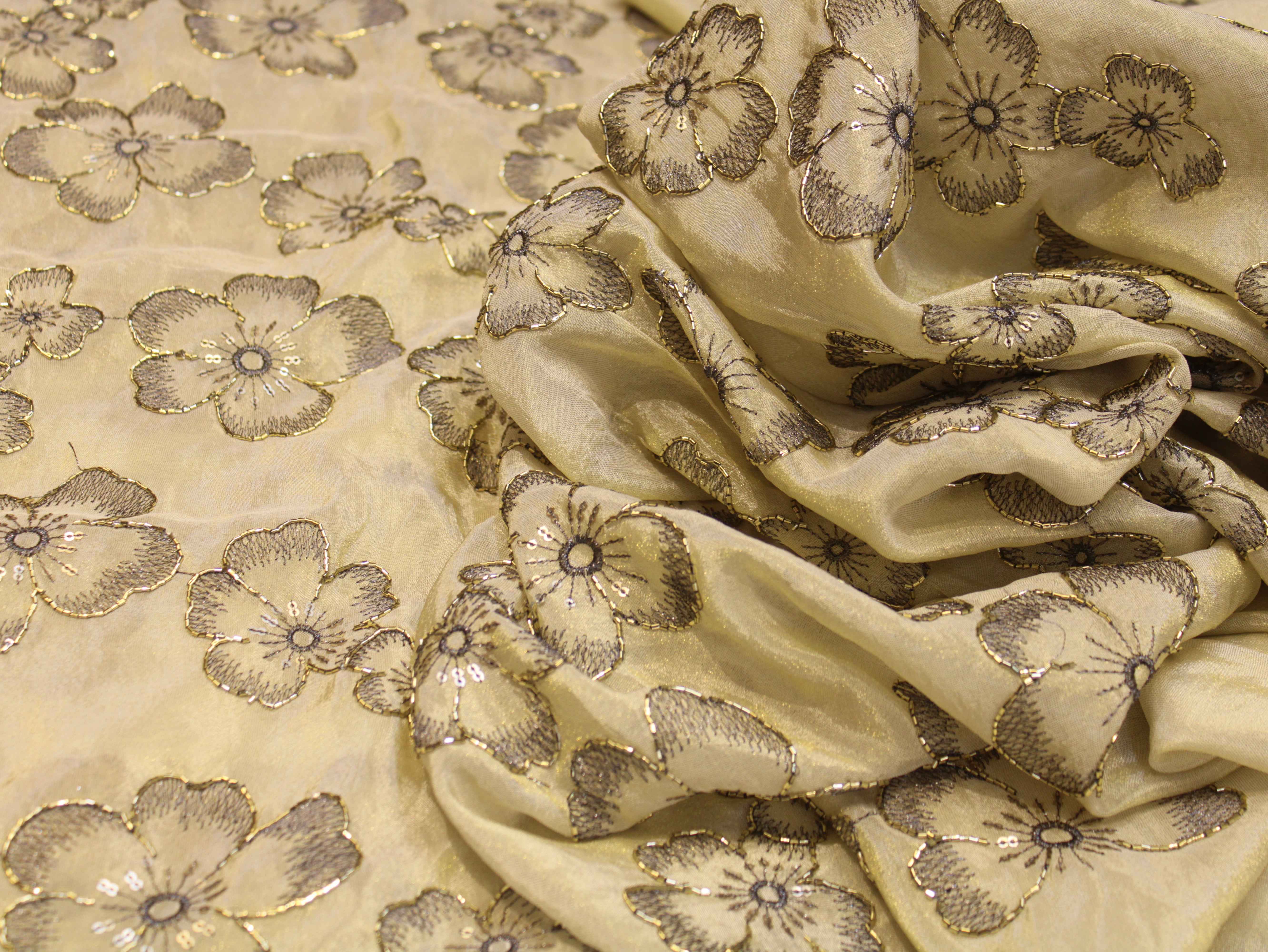 Premium Tissue Fabric with Thread & Semi Bits Floral Work - Ivory