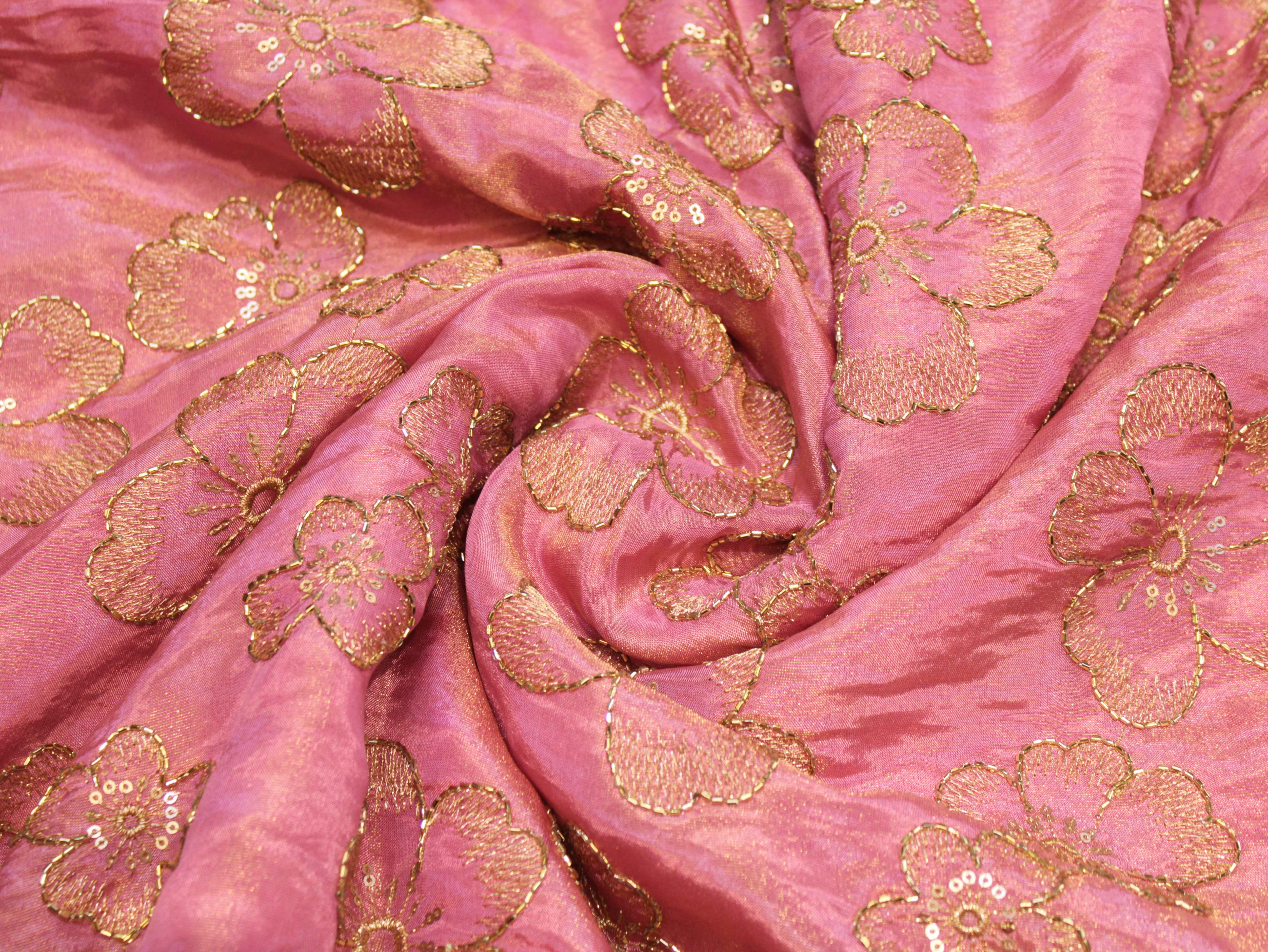 Premium Tissue Fabric with Thread & Semi Bits Floral Work - Pink