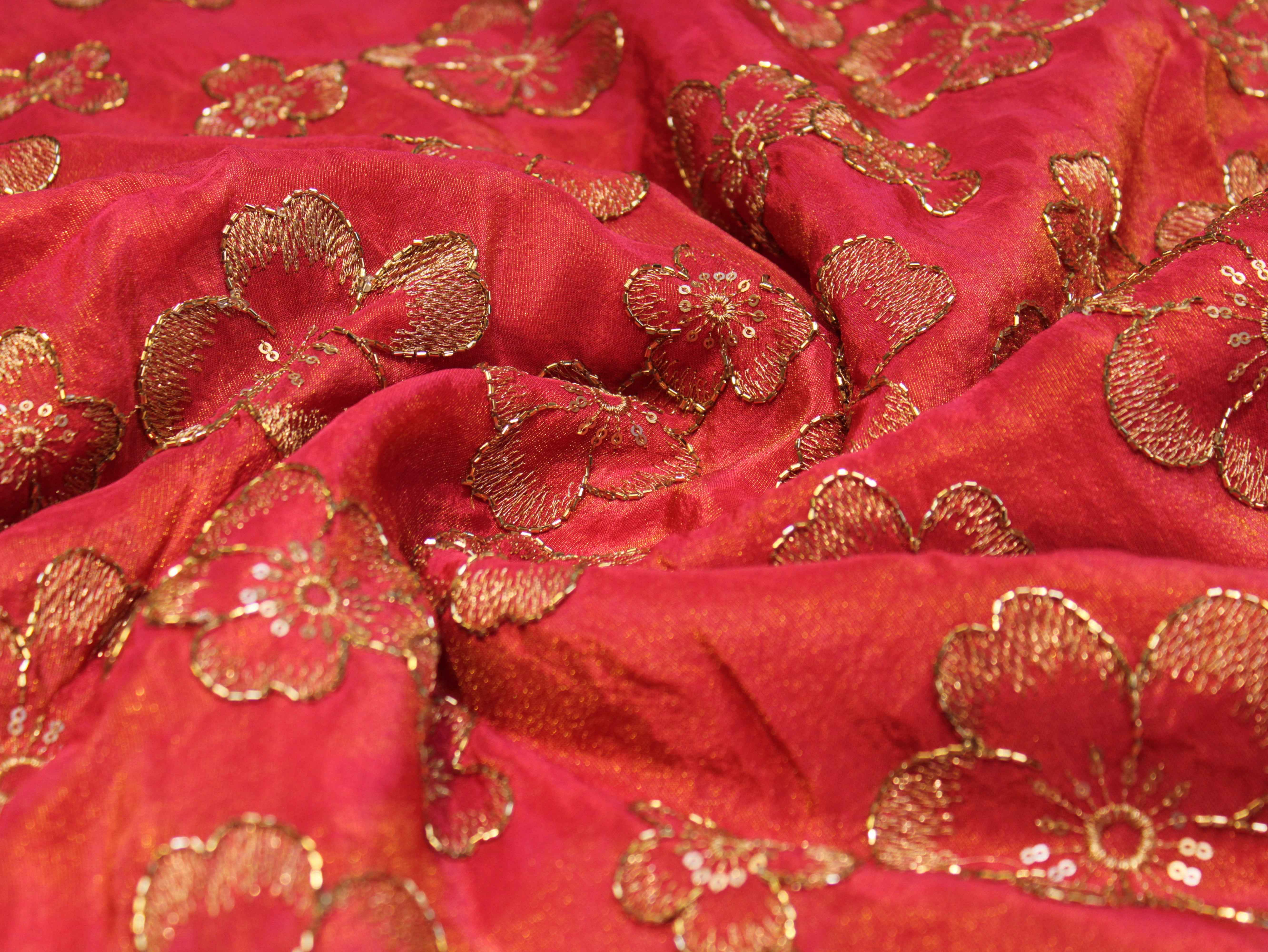 Premium Tissue Fabric with Thread & Semi Bits Floral Work - Dark Peach